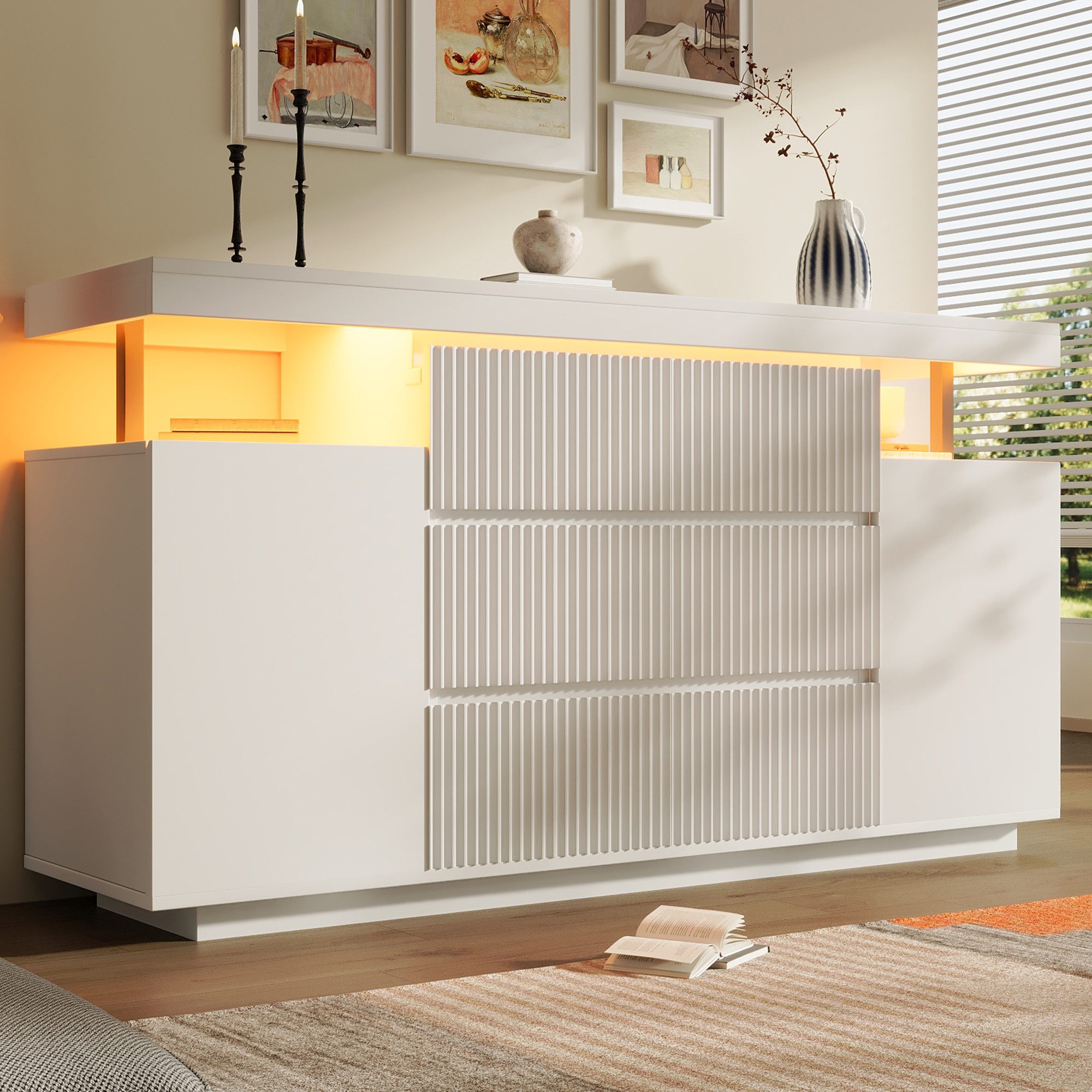 Flieks Kommode Sideboard mit LED-Beleuchtung, 6 Schubladen & 2 Türen, Riffelfronten (150x40x78 cm, 1 St), Mehrzweckschrank Wohnzimmerschrank mit verstellbarer Einlegeböden Weiß