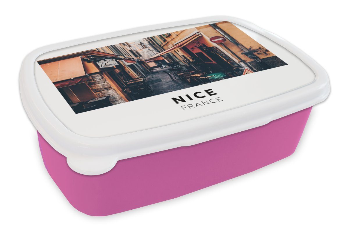 MuchoWow Lunchbox Frankreich - Nizza - Straße, Kunststoff, (2-tlg), Brotbox für Erwachsene, Brotdose Kinder, Snackbox, Mädchen, Kunststoff rosa
