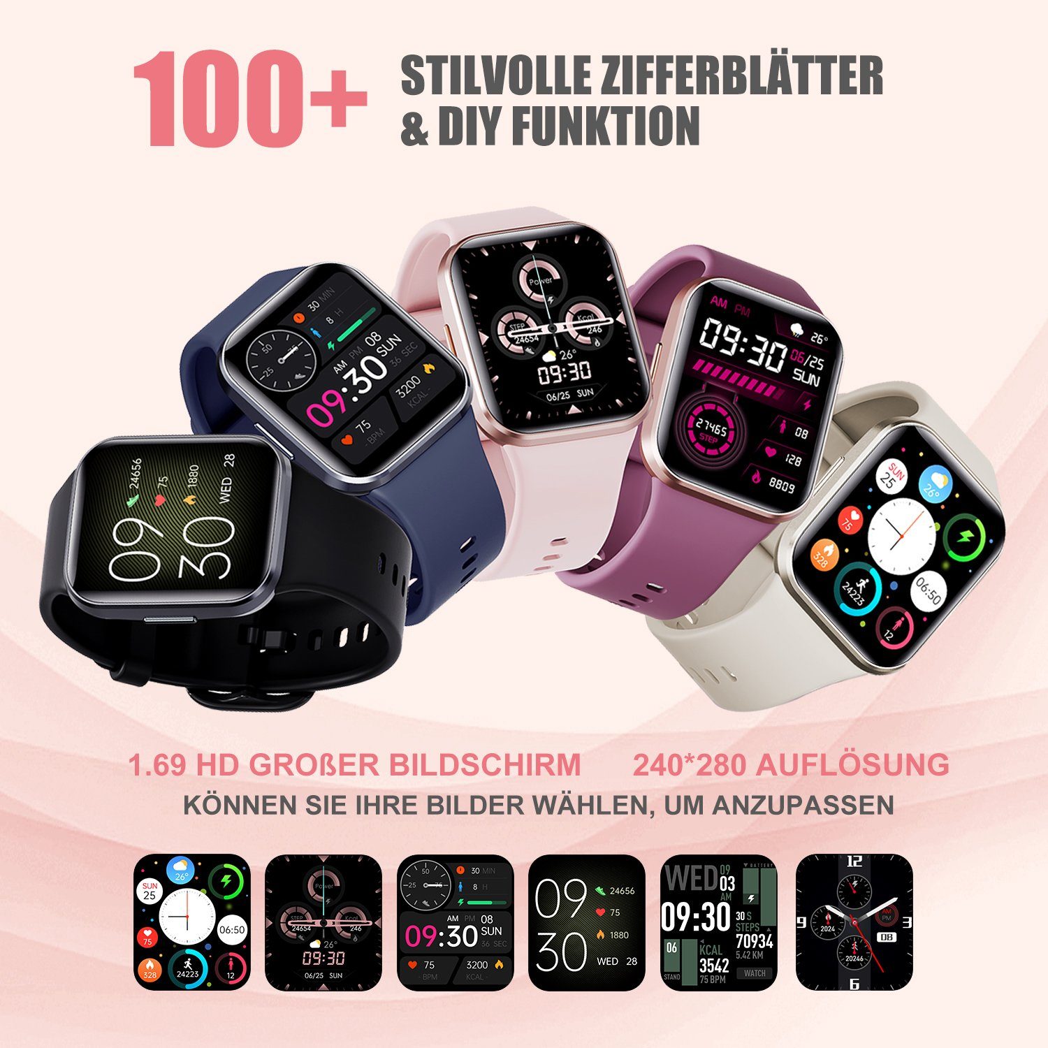 Mutoy Smartwatch, Smartwatch Damen Rosa Zoll), Schrittzähler IP67 Pulsmesser Touchscreen HD Aktivitätstracker Tracker (1.69" Smartwatch Uhr Voll Herren Wasserdicht Fitness