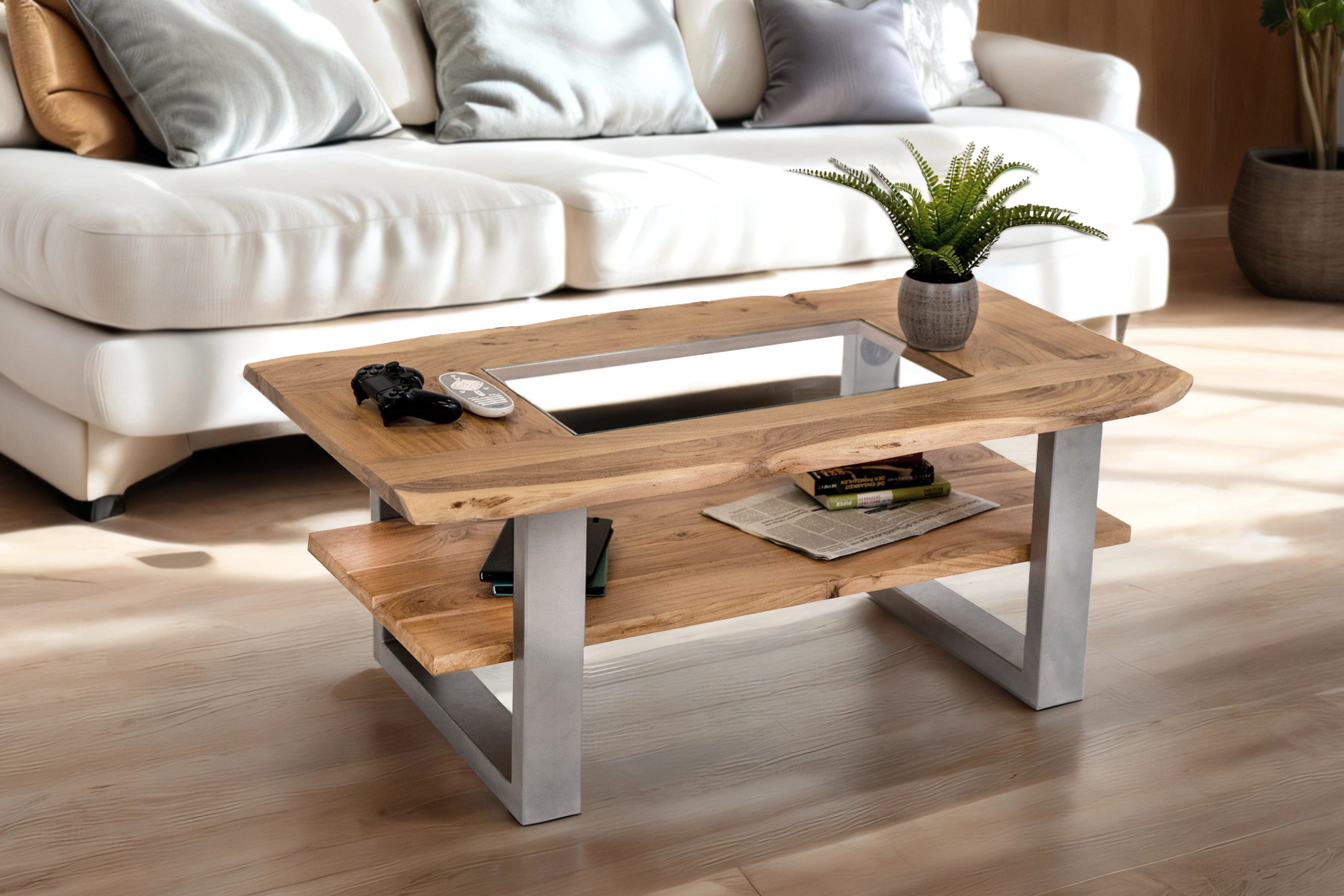 Loreno® Couchtisch Patrick, Akazienholz, mit Glaseinsatz, günstig online kaufen