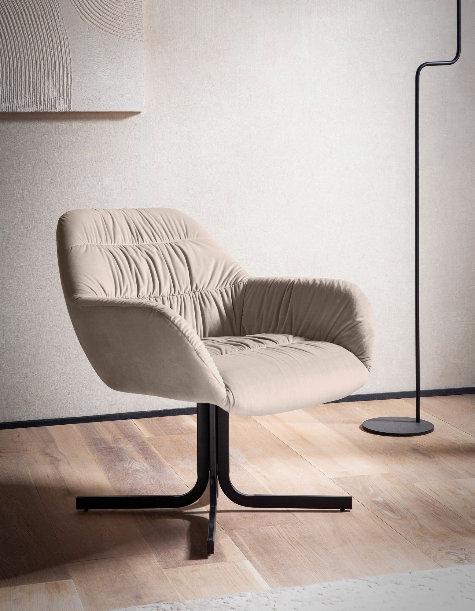 FINEBUY Cocktailsessel FB59866 Clubsessel Samt Metall Cocktailsessel Schalenstuhl (Design Schalenstuhl mit Rückenlehne, Samt Beige), Relaxsessel Loungestuhl, Clubsessel Lounge