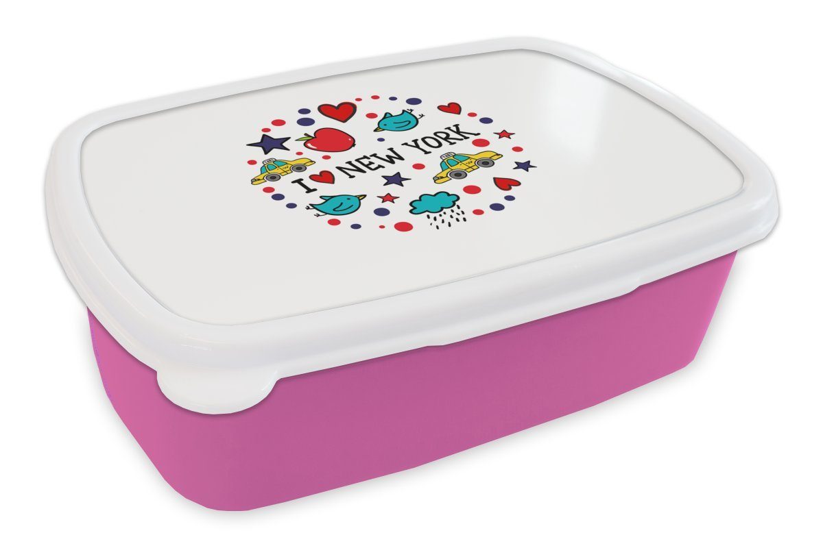 MuchoWow Lunchbox New York - Vogel - Zeichnung, Kunststoff, (2-tlg), Brotbox für Erwachsene, Brotdose Kinder, Snackbox, Mädchen, Kunststoff rosa
