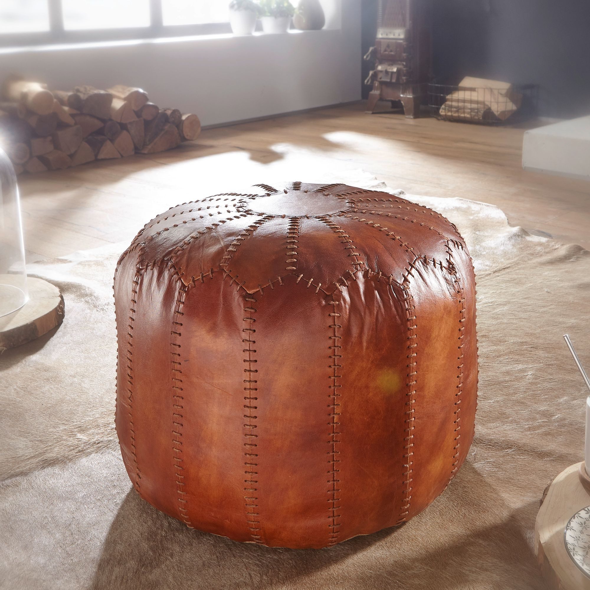 FINEBUY Polsterhocker FB54091 Sitzhocker Echtleder 52x40x52cm Pouf Rund Hocker Orient (Echtleder Braun 52x40x52 cm Ottomane Wohnzimmer), Design Pouf Hocker Orientalisch, Polsterhocker