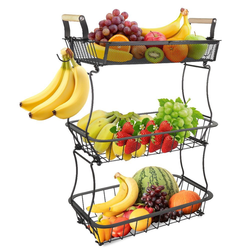 JEOBEST Obstschale Obst Etagere mit 2 Bananenaufhängern, Obst-Gemüsekorb, (1-tlg), Schüssel für Küche Metall, für Obst, 3 Stöckig