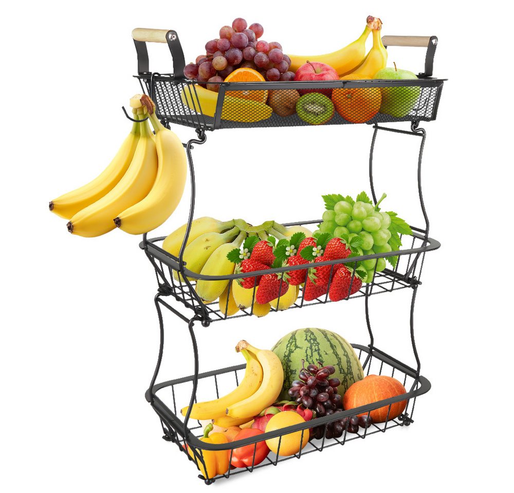 JEOBEST Obstschale Obst Etagere mit 2 Bananenaufhängern, Obst-Gemüsekorb, (1-tlg), Schüssel für Küche Metall, für Obst, 3 Stöckig