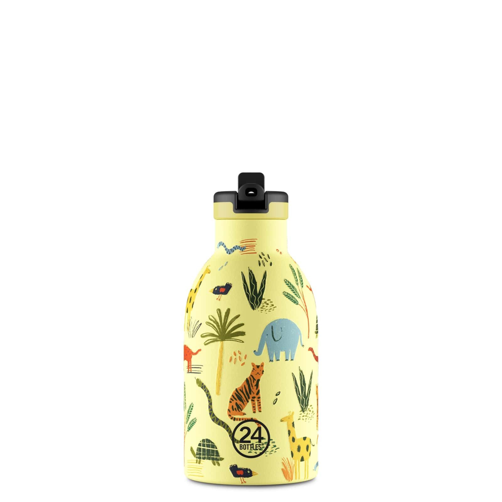 24 Bottles Trinkflasche Edelstahl Trinkflasche Kids Bottle, Jungle Friends 0,25 l, Schnellverschluss, spülmaschinengeeignet, mit Strohhalm