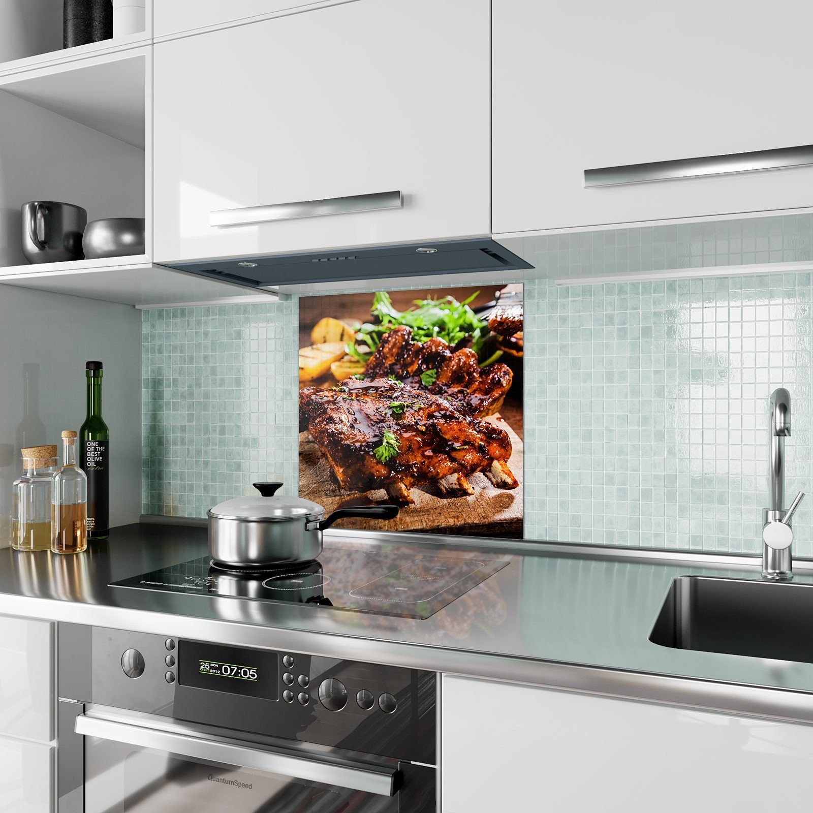 Gewürzen Rippchen Spritzschutz Glas Primedeco mit Küchenrückwand Motiv mit Küchenrückwand