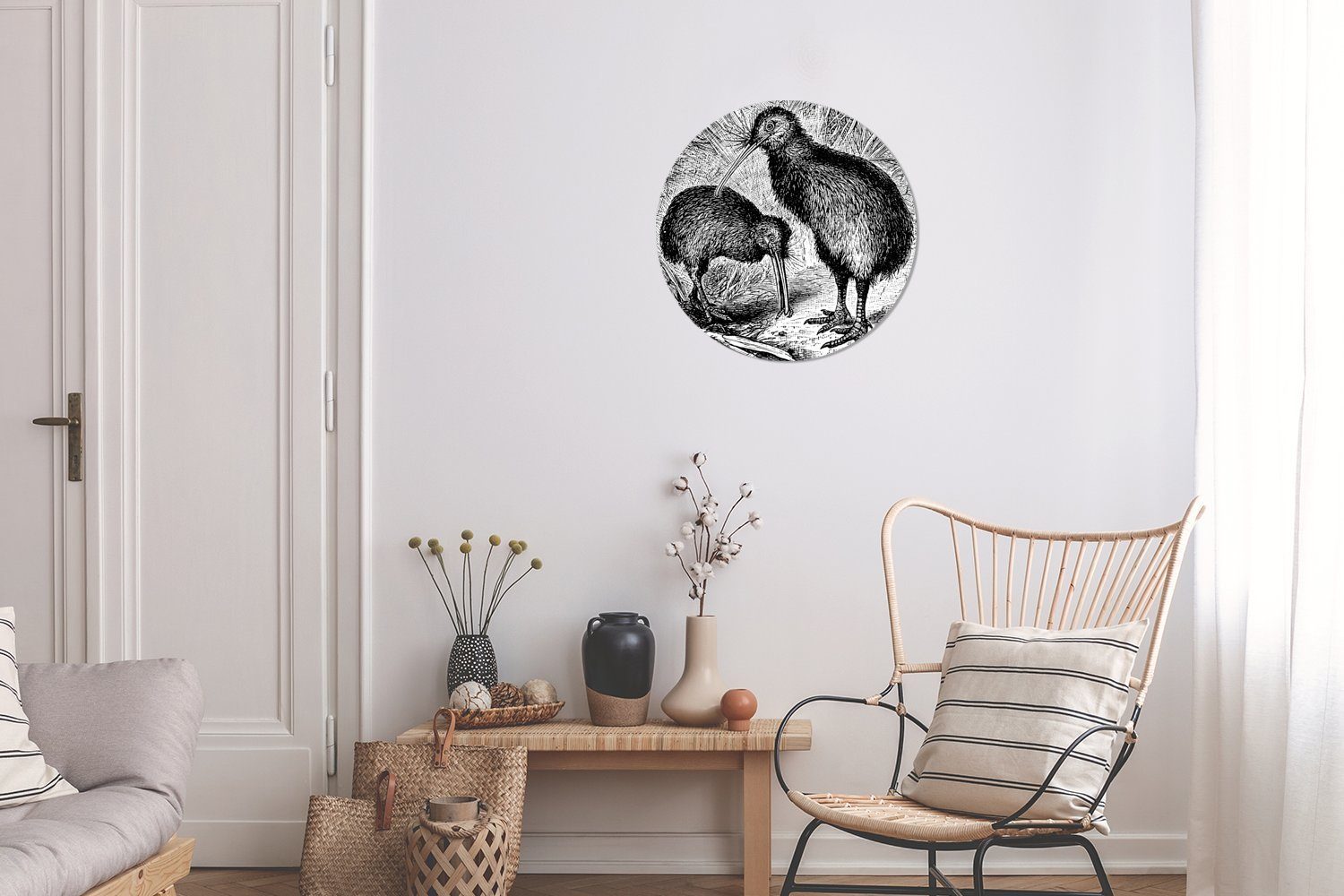 Kinderzimmer, Wandsticker MuchoWow Wohnzimmer St), Schwarz-Weiß-Illustration Tapetenaufkleber, von Rund, (1 für Tapetenkreis Kiwi-Vögeln zwei