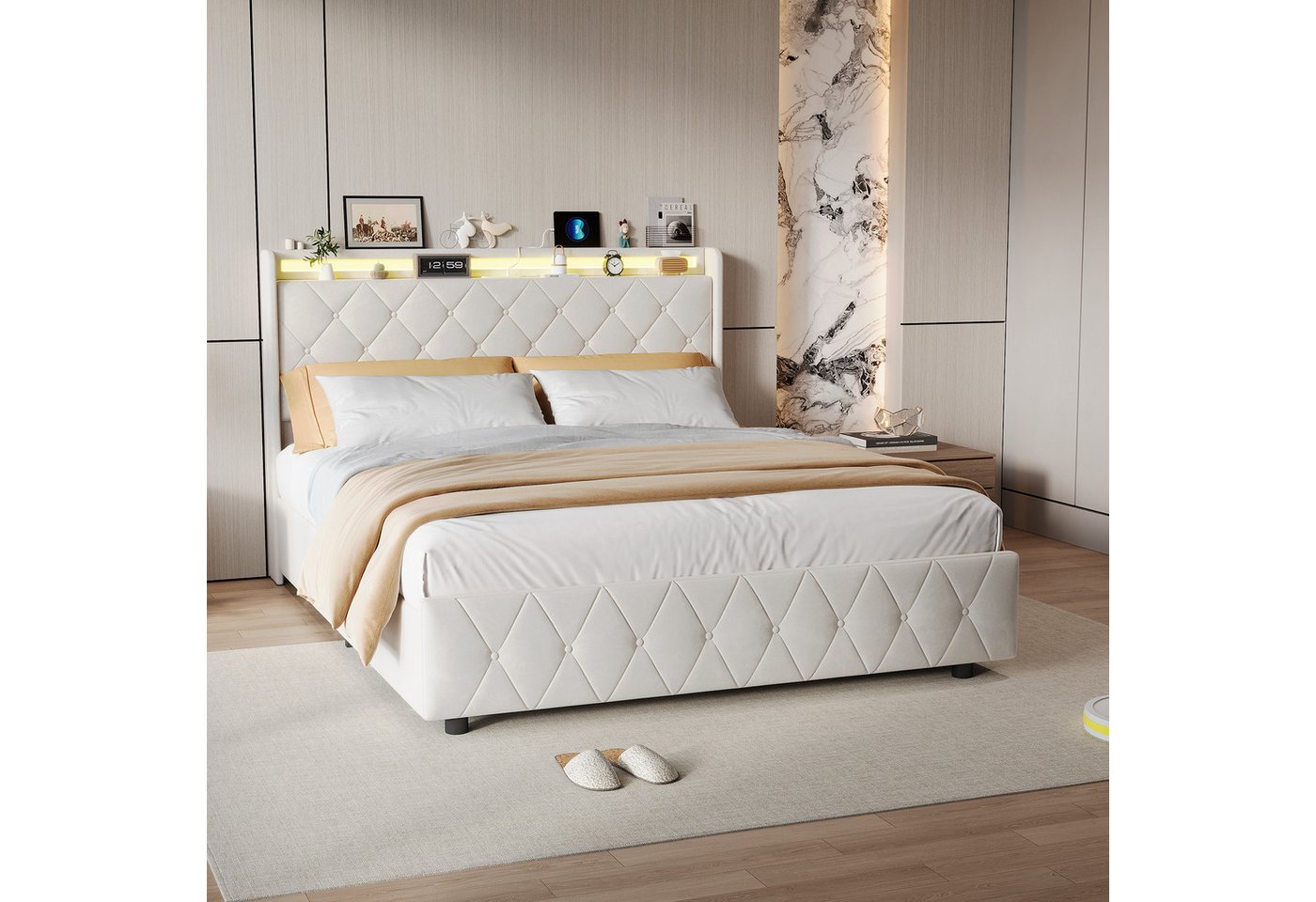Furnishings Home Stauraumbett Polsterbett LED 90x200cm, Doppelbett (1-tlg., Modernes Jugendbett, Leises Design Bett, Samtmaterial Polsterbett), Mit LED-Beleuchtung und Ladefunktion, Belastbarkeit 300 kg