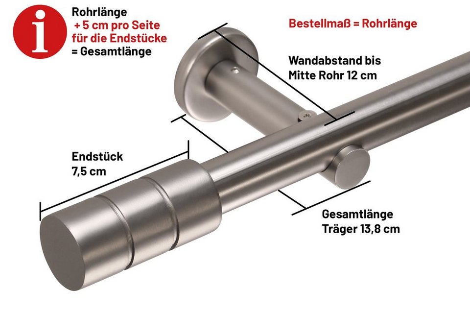 Gardinenstange Zylinder in Edelstahl-optik, Deco-Raum, Ø 25 mm, 1-läufig,  Wunschmaßlänge, kürzbar, Bohren, verschraubt, Metall, Komplett-Set mit  Montagematerial