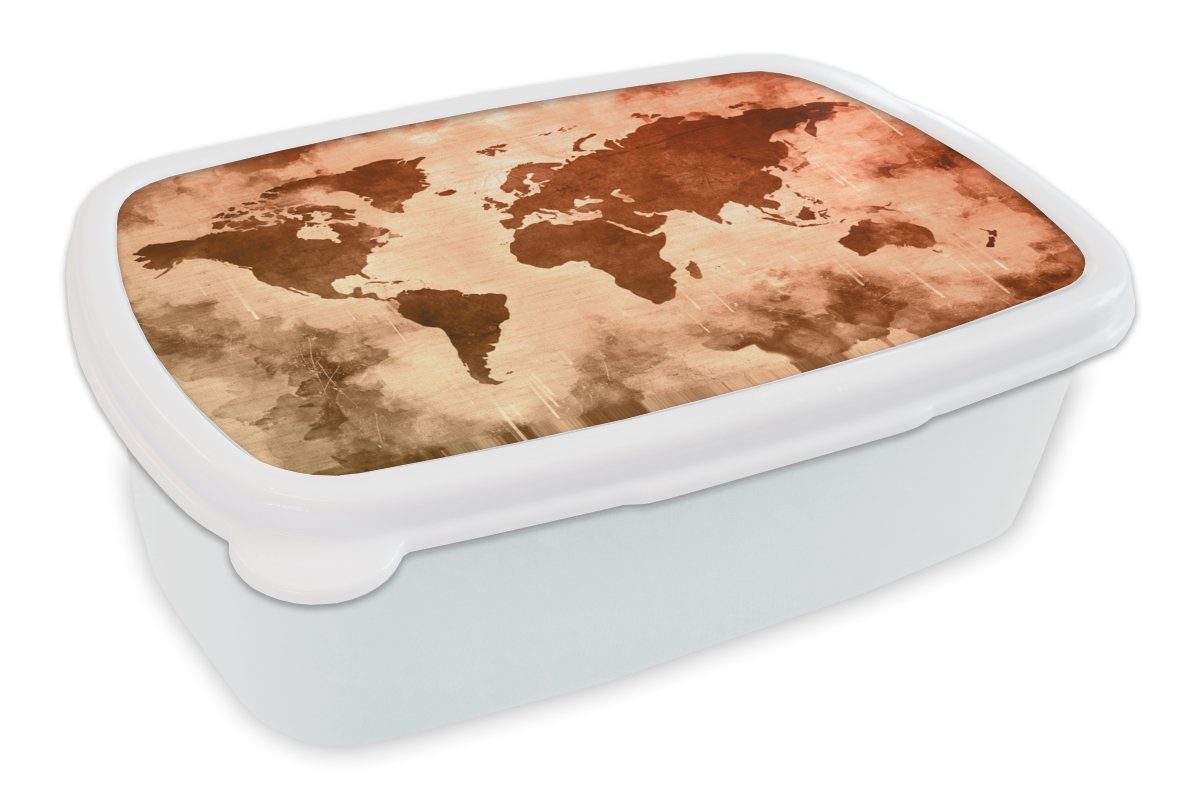 MuchoWow Lunchbox Weltkarte - Rot - Braun, Kunststoff, (2-tlg), Brotbox für Kinder und Erwachsene, Brotdose, für Jungs und Mädchen weiß