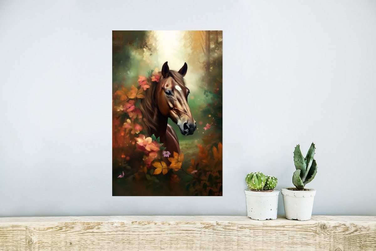 MuchoWow Poster Pferd - Blumen Wohnzimmer, Wandbild, Orange, Natur (1 Tiere St), - - - Rahmen Poster, für Wald Ohne - Wandposter