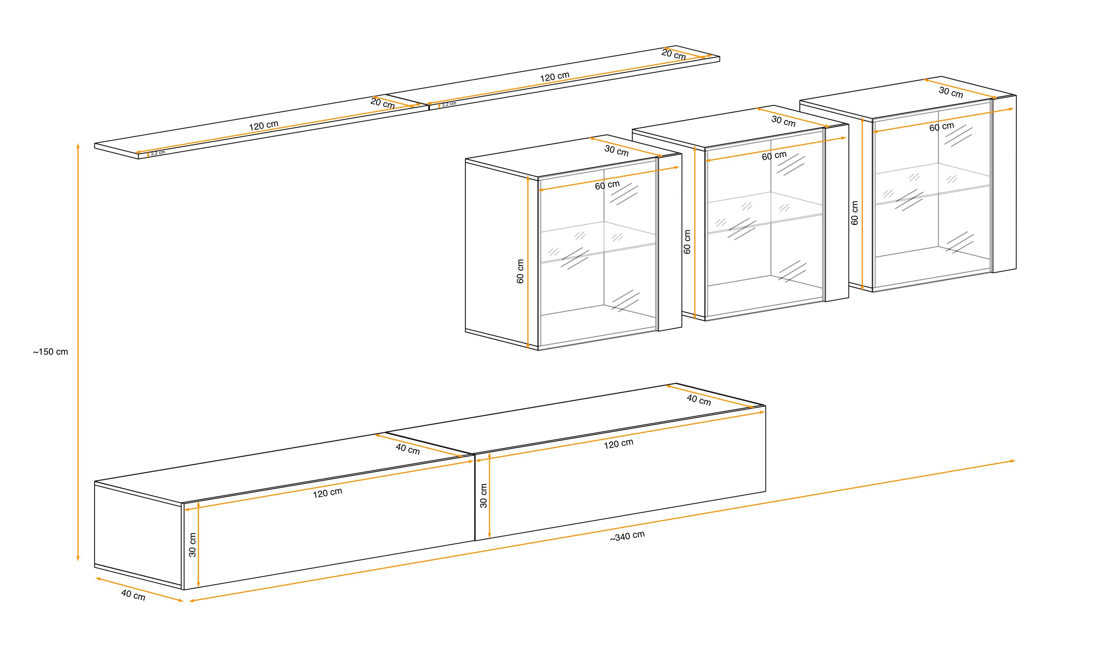 Wotan 3×Wandschrank, Wohnzimmer-Set), L, bestehend hängend (7 (Set 2×Lowboard, XVII 2×Wandboard, aus - Eiche Swotch Stylefy St), Wohnwand Graphit