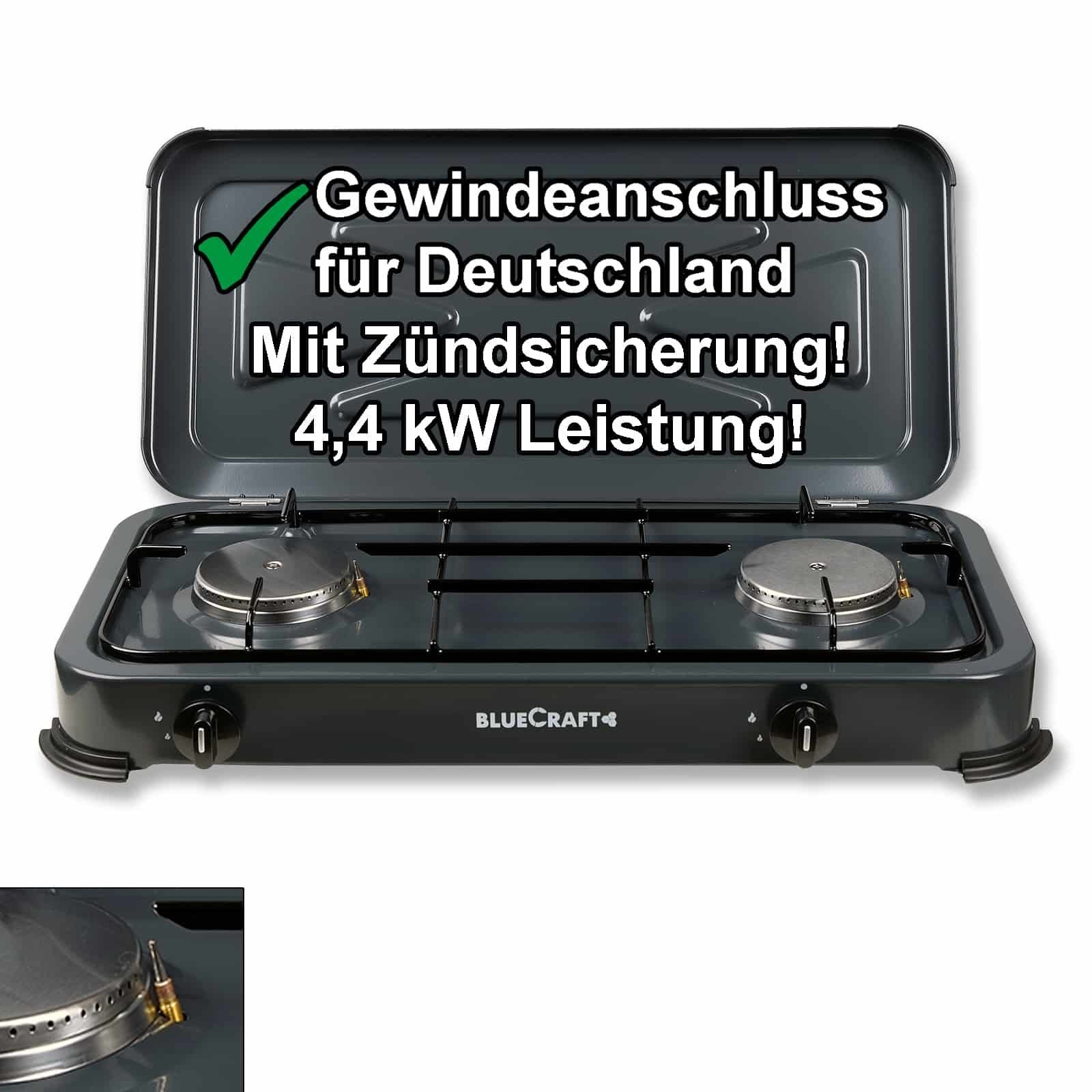 Gaskocher 2 flammig mit Zündsicherung 50mbar Propan Gas Campingkocher 4,4 kW