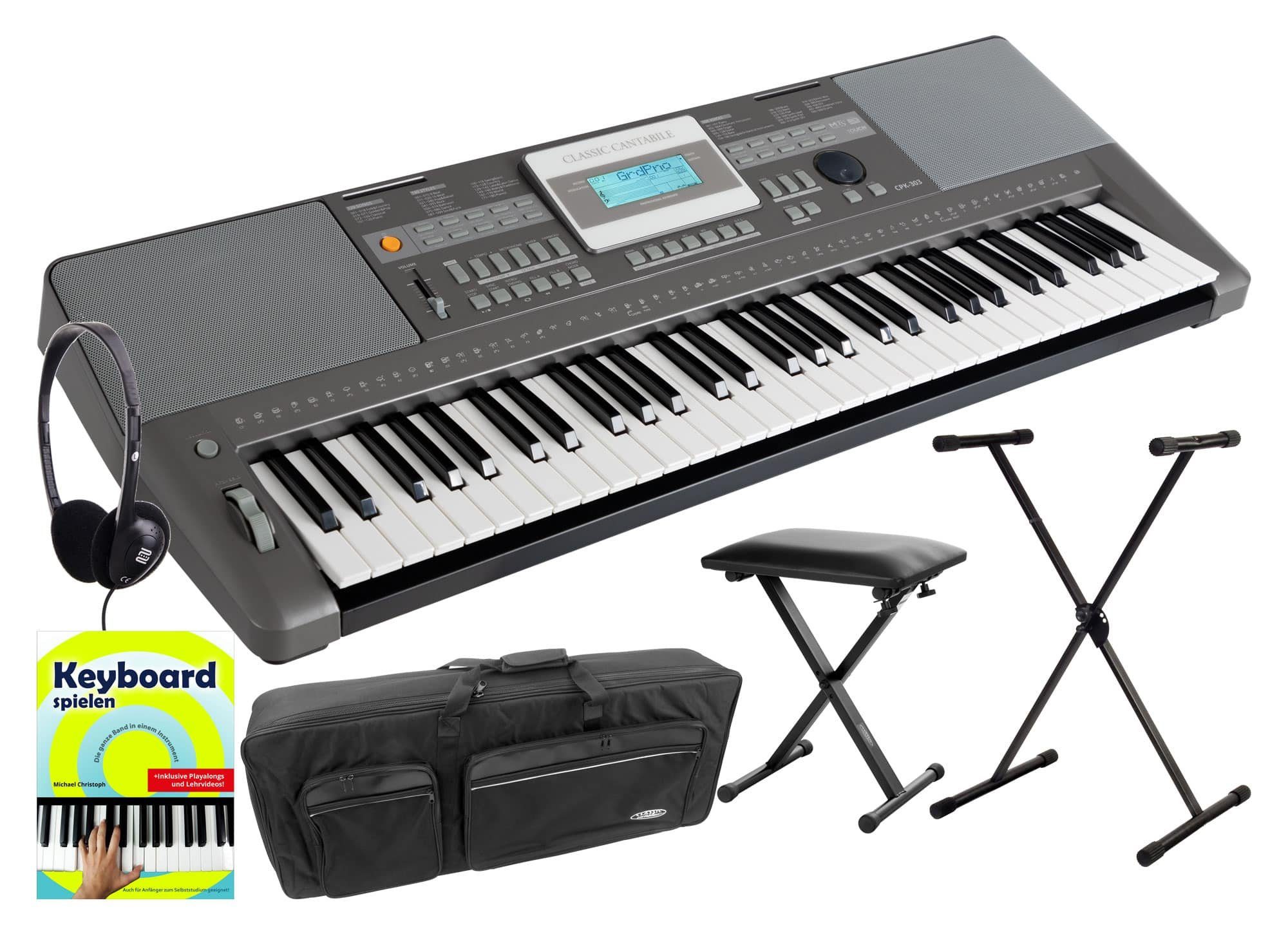 Classic Cantabile Home Keyboard CPK-303 - Arranger-Keyboard mit 61 anschlagdynamischen Tasten, (Deluxe-Set, 5 tlg., inkl. Ständer, Bank, Tasche, Kopfhörer und Schule), 508 Klänge, USB, DSP-Klangprozessor und Begleitautomatik