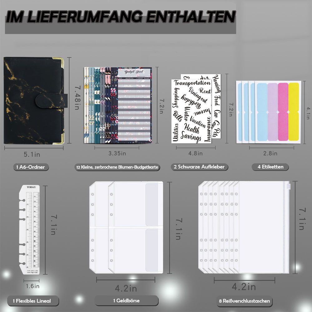 TUWENA Aktenordner A6 Budget Binder Set, Budget Planner mit Geldumschläge und Budgetbogen, Marmor Korn Notizbuch Buch PULeder Handbuch Lose Blatt Ordner Handbuch