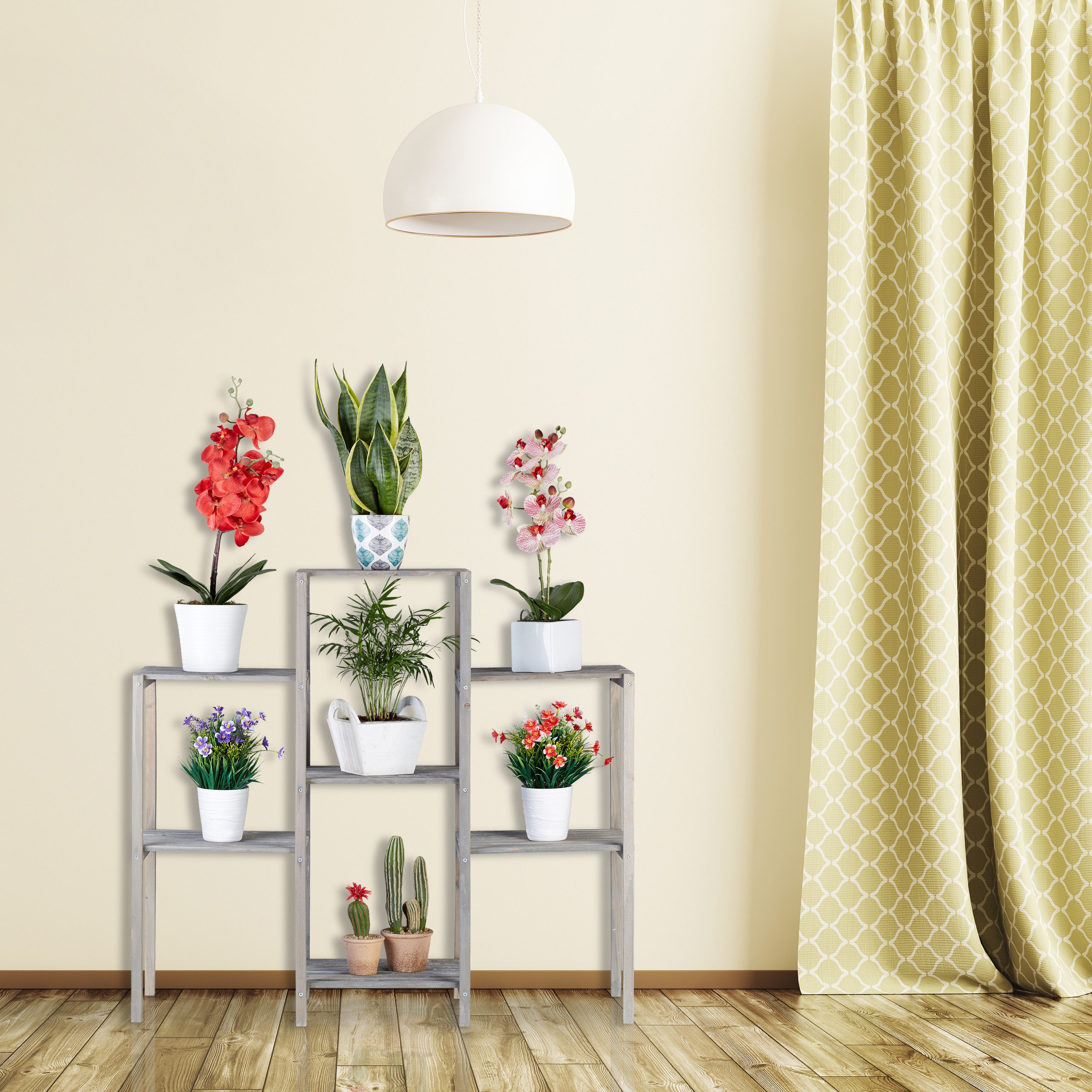 relaxdays Pflanzentreppe Graues Blumenregal aus Holz, L