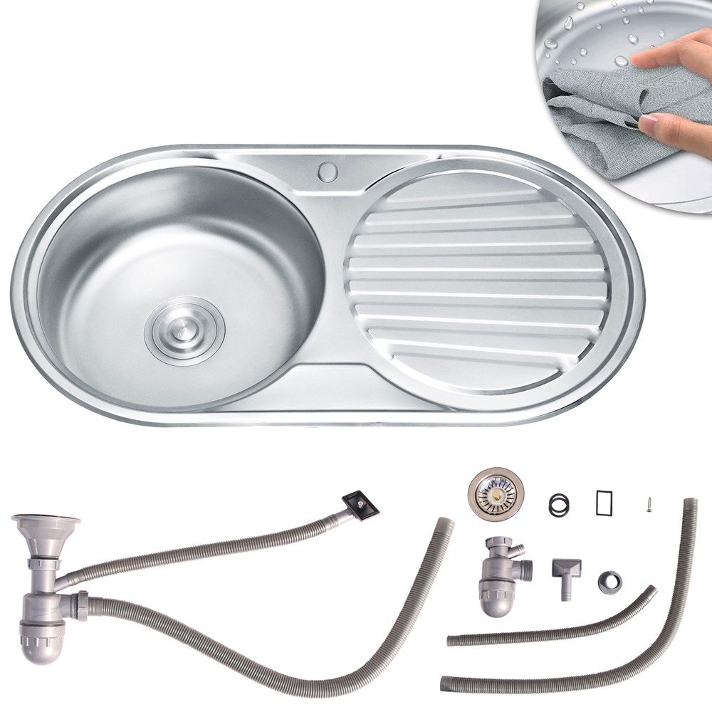 Feel2Home Edelstahlspüle Edelstahlspüle Spülbecken Einbauspüle Küchenspüle Spüle Edelstahl Rund, Rund, 82/42.5 cm, Anti-Kondensbeschichtung, Anti-Kondensbeschichtung