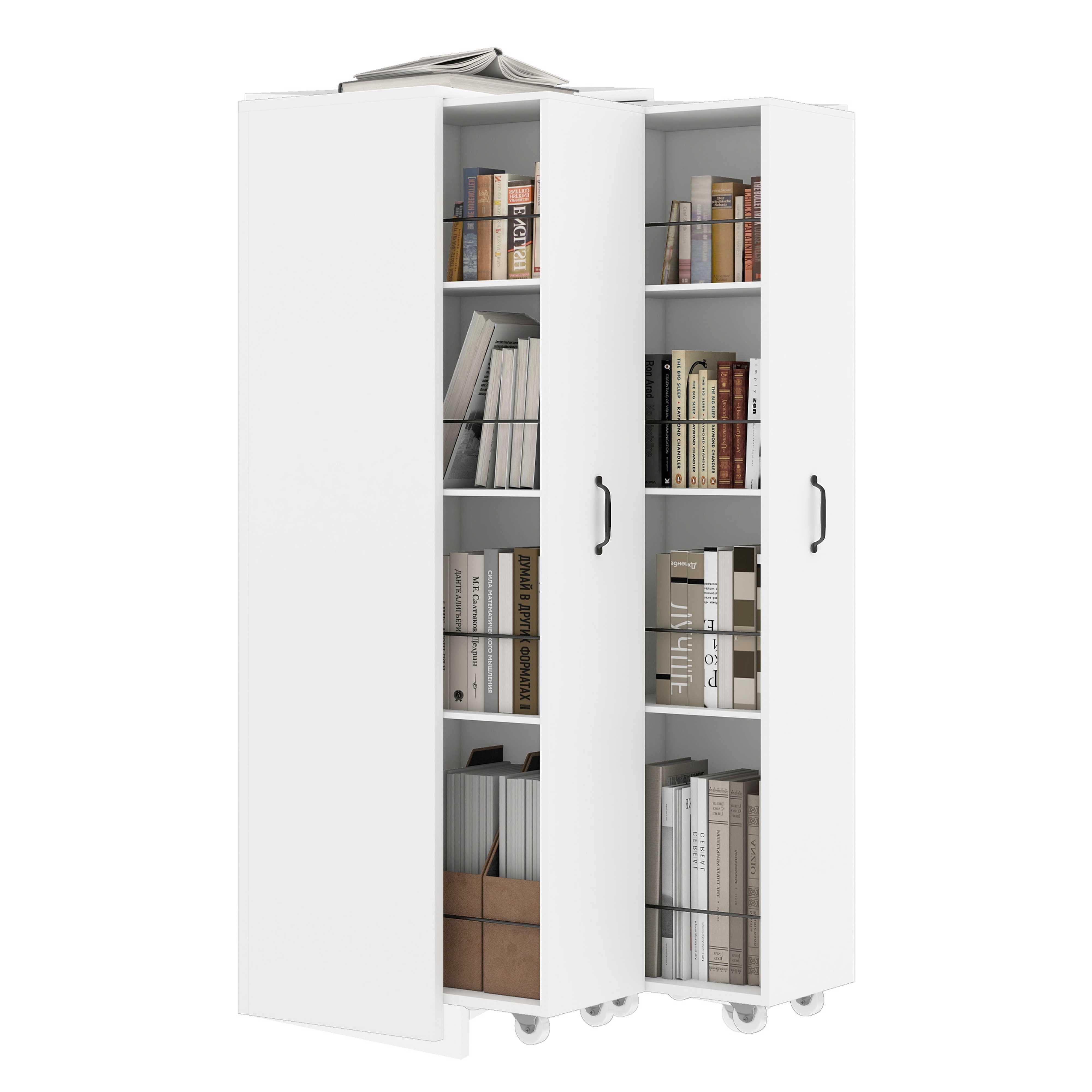 BlingBin Bücherregal Hochschrank, Ausziehbares Bücherregal auf Rollen, 2 Module, MDF, flexibel links/rechts platzierbar 1-tlg., mit Metall-Absturzbügeln, 4 Regalböden je Einheit,51,5 × 41 × 158 cm