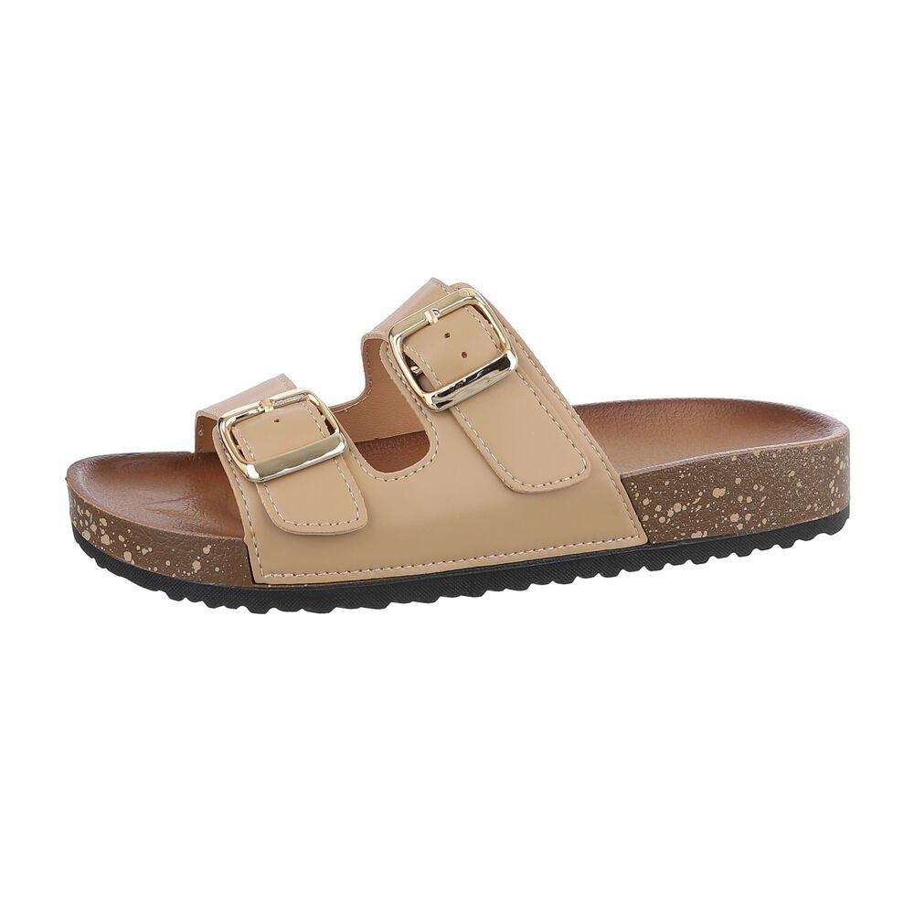Ital-Design Damen Mules Freizeit Pantolette Flach Pantoletten in Hellbraun