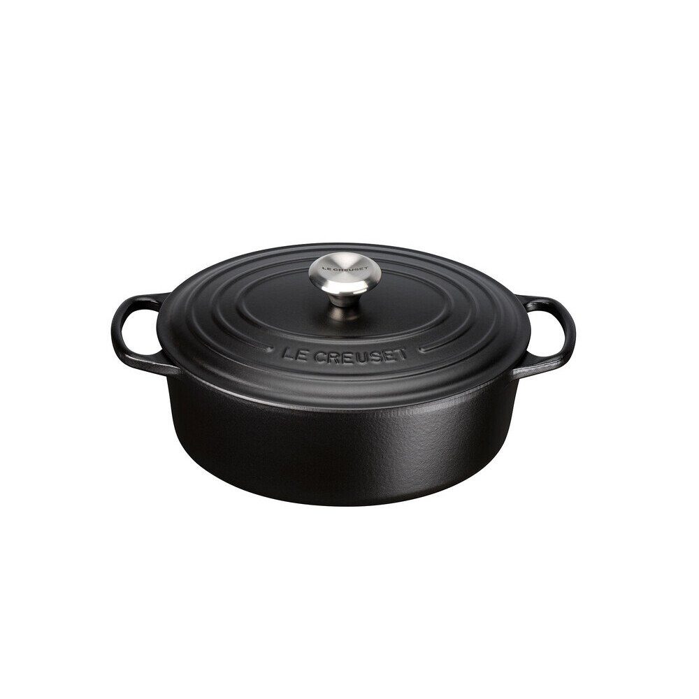 LE CREUSET Bräter Bräter mit Deckel 31 cm Signature Schwarz, Emailliertes Gusseisen, ovaler Schmortopf, Cocotte, Bratentopf, ca. 6-7 Pers., Ø31cm, schwarz