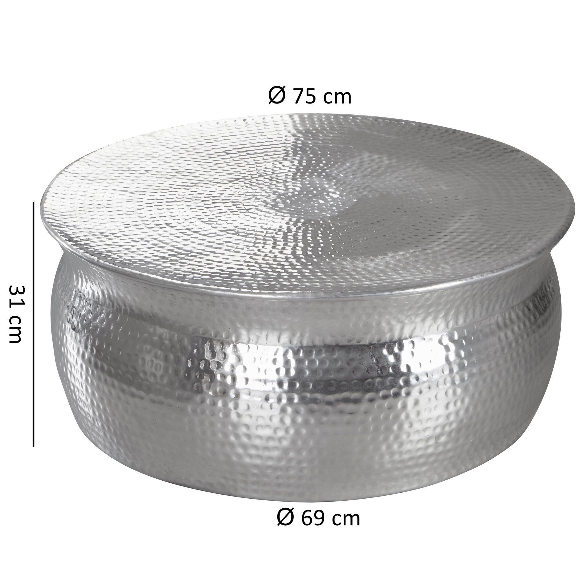 Hammerschlag Silber Wohnzimmertisch, Aluminium Orientalisch WL5.451 Sofatisch cm Wohnling Großer (75x31x75 Rund), Couchtisch