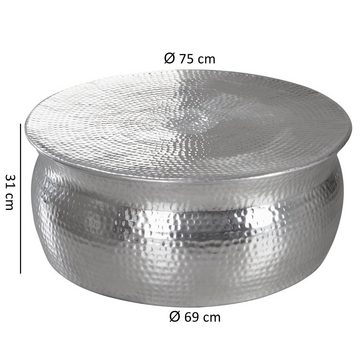 Wohnling Couchtisch WL5.451 (75x31x75 cm Aluminium Hammerschlag Silber Rund), Großer Wohnzimmertisch, Sofatisch Orientalisch