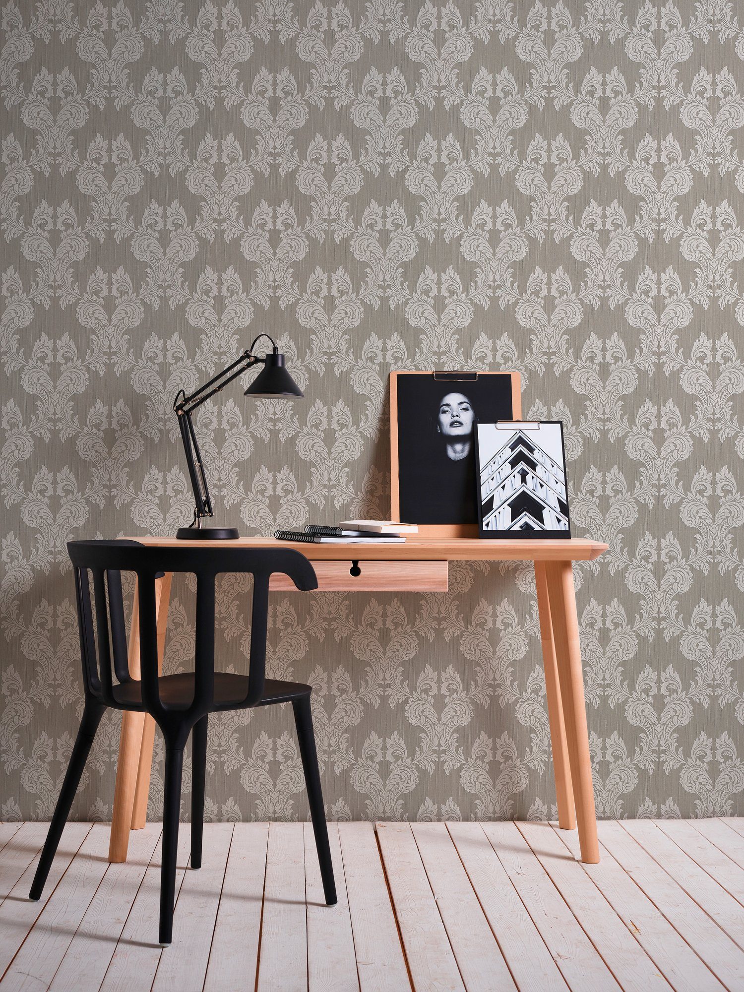 Paper samtig, Tessuto, Barock, floral, Création A.S. Barock Tapete grau/beige Textiltapete Architects