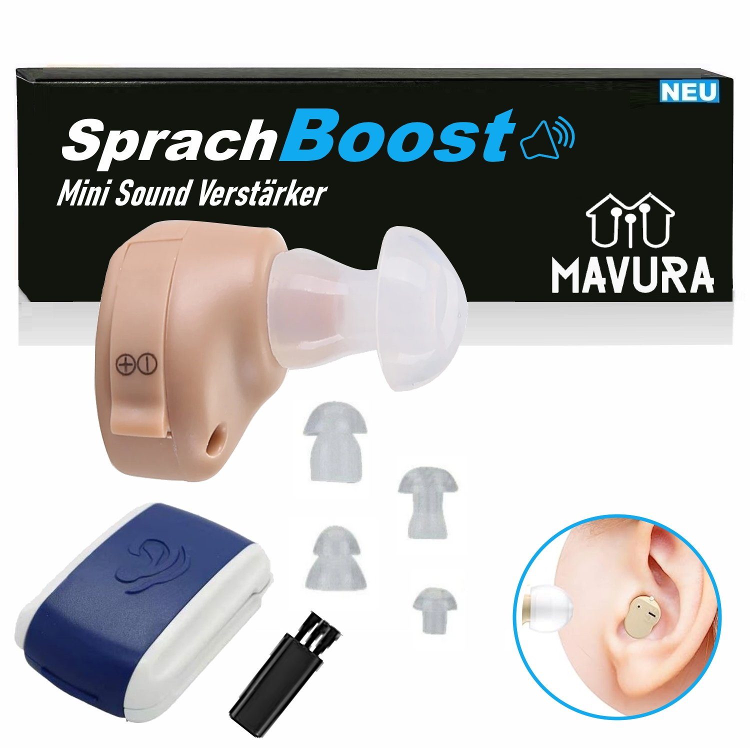 MAVURA Hörverstärker SprachBoost Mini Hörverstärker Hörhilfe Hörgerät Soundverstärker, unsichtbar klein batteriebetrieben