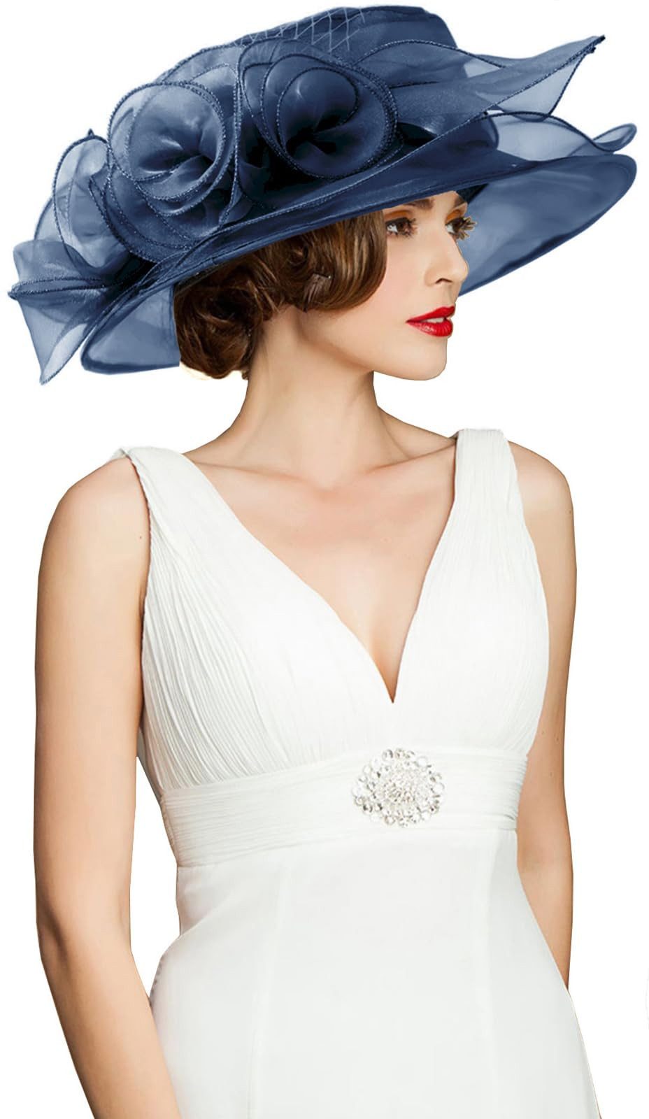 Bwecuy Sonnenhut Damenhut mit breiter Krempe, Blumen- und Blattdekor ideal für Hochzeit, Kirche und Tea Party – Bild 4 von 5