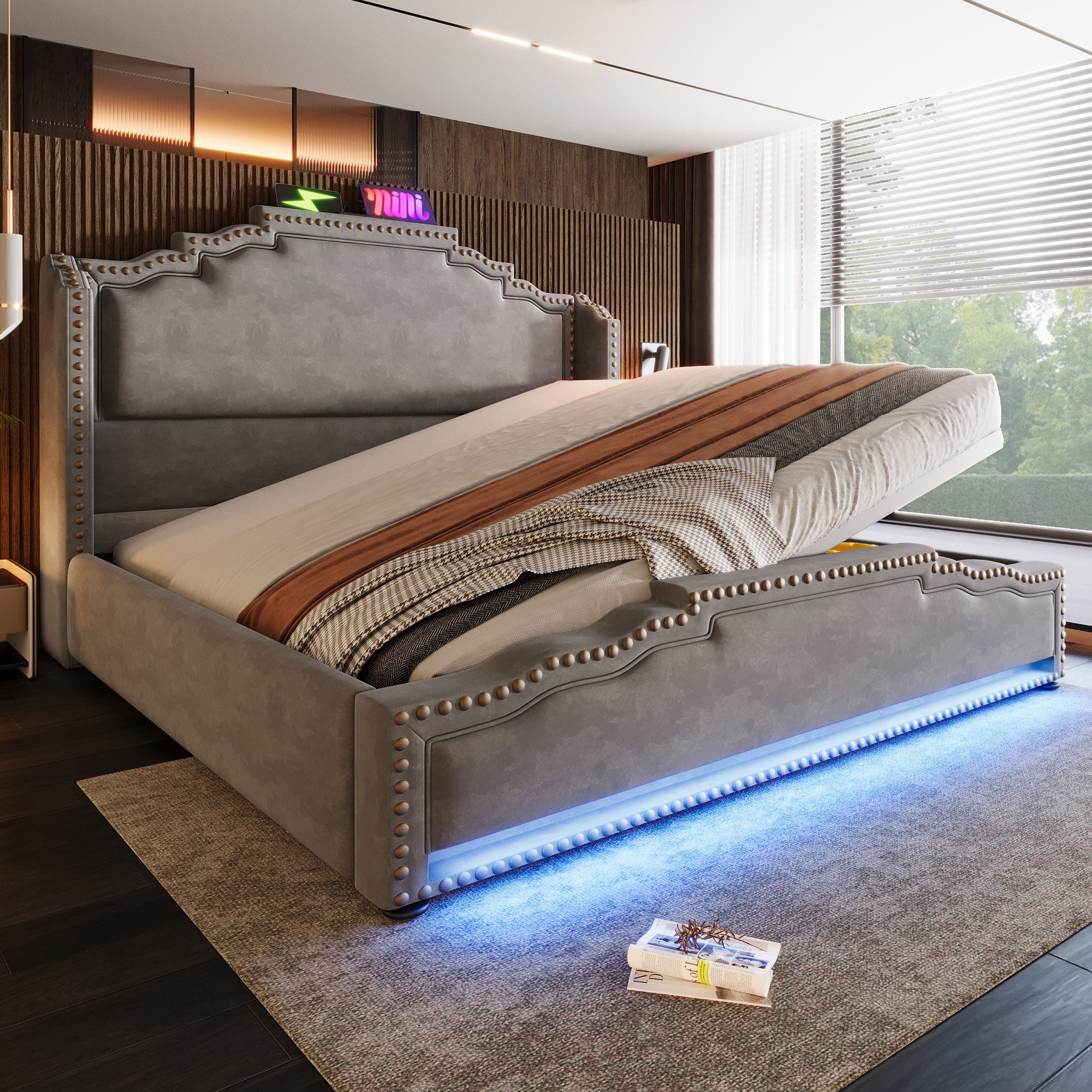 Flieks Polsterbett, Hydraulisches Doppelbett 140x200cm mit LED-Beleuchtung günstig online kaufen