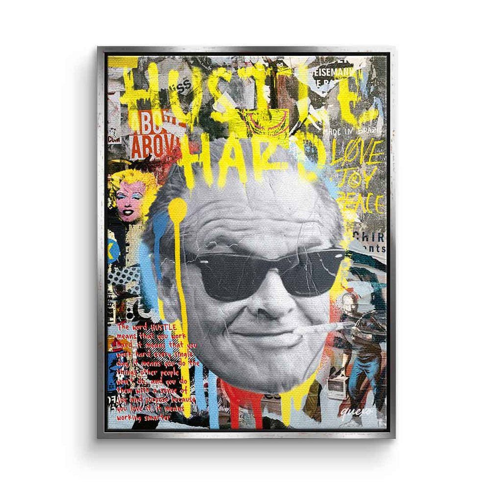 DOTCOMCANVAS® Leinwandbild, Jack Nicholson Leinwandbild Hustle Hard Pop Art Collage Streetart silberner Rahmen