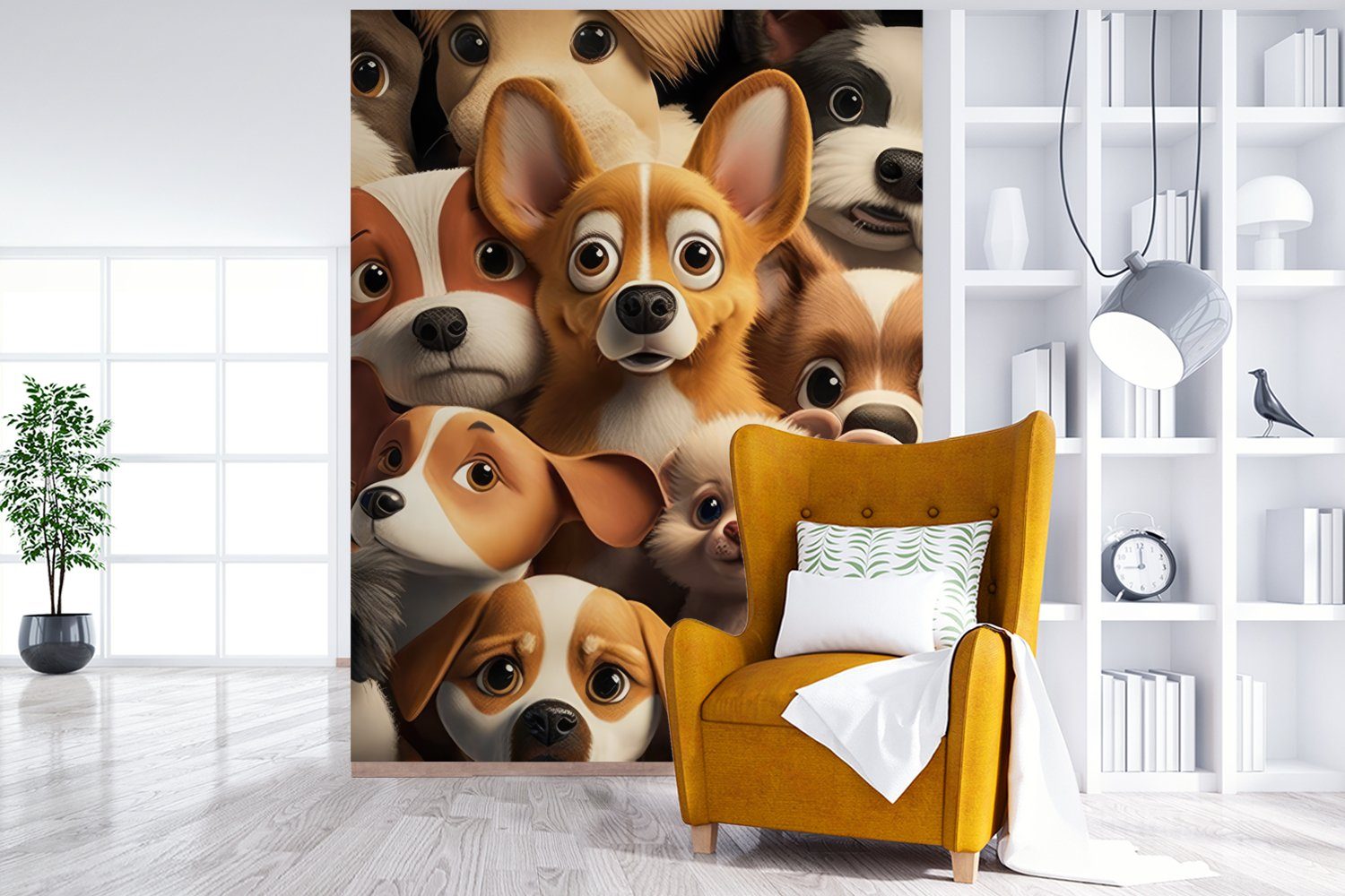 Schwarz Fototapete MuchoWow Tiere Hunde Matt, Wohnzimmer, Montagefertig bedruckt, - - (4 Muster St), - - Wandtapete - Tapete Braun Kind, Vinyl für