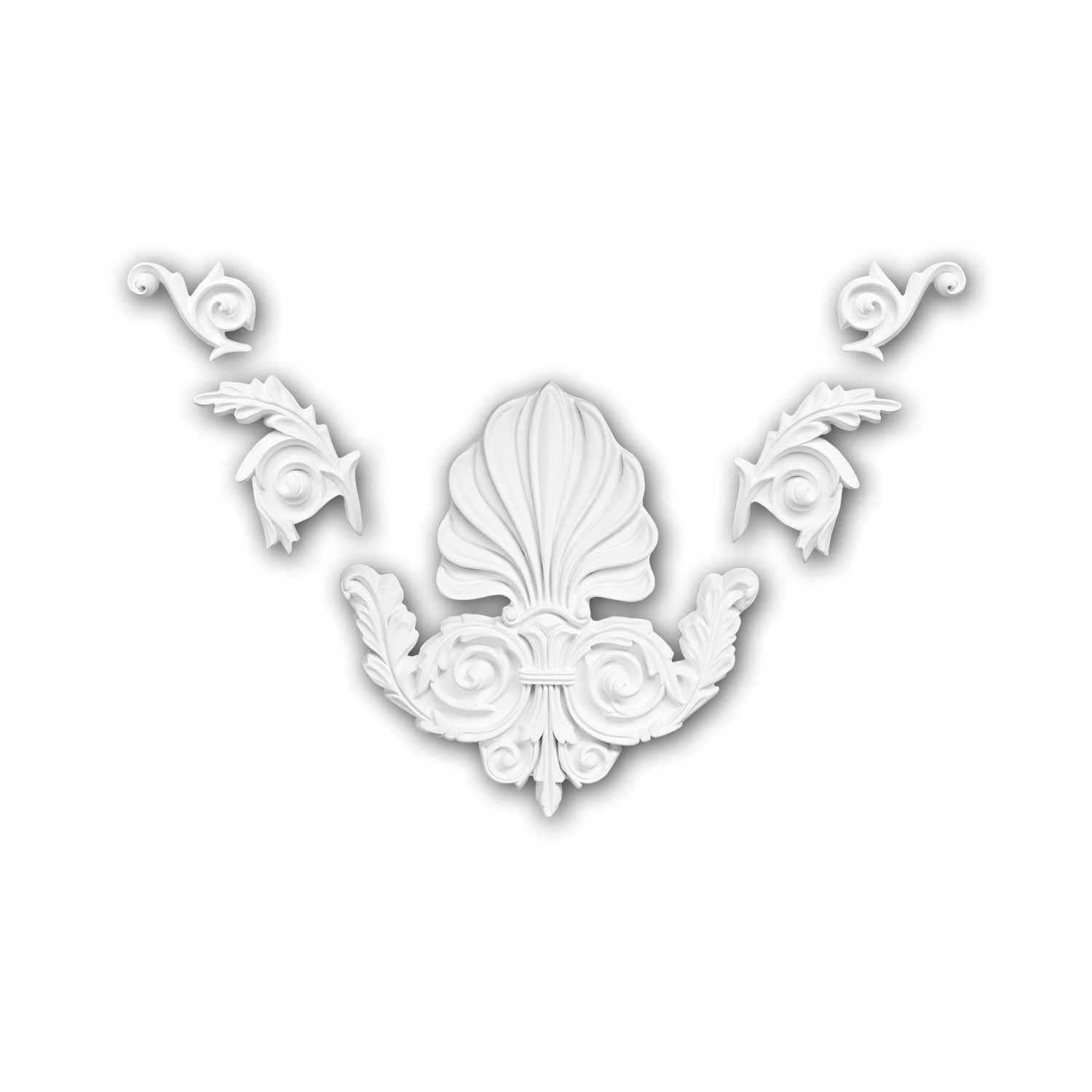 Profhome Wanddekoobjekt 160019 Zierelement dekoratives Element Stuckdekor aus Polyurethan (Zierelement, 1 St., Stuckdekor, Schmuckelement, Dekorelement, Verzierung, Ornament, 5 tlg), weiß, vorgrundiert, Stil: Neo-Renaissance