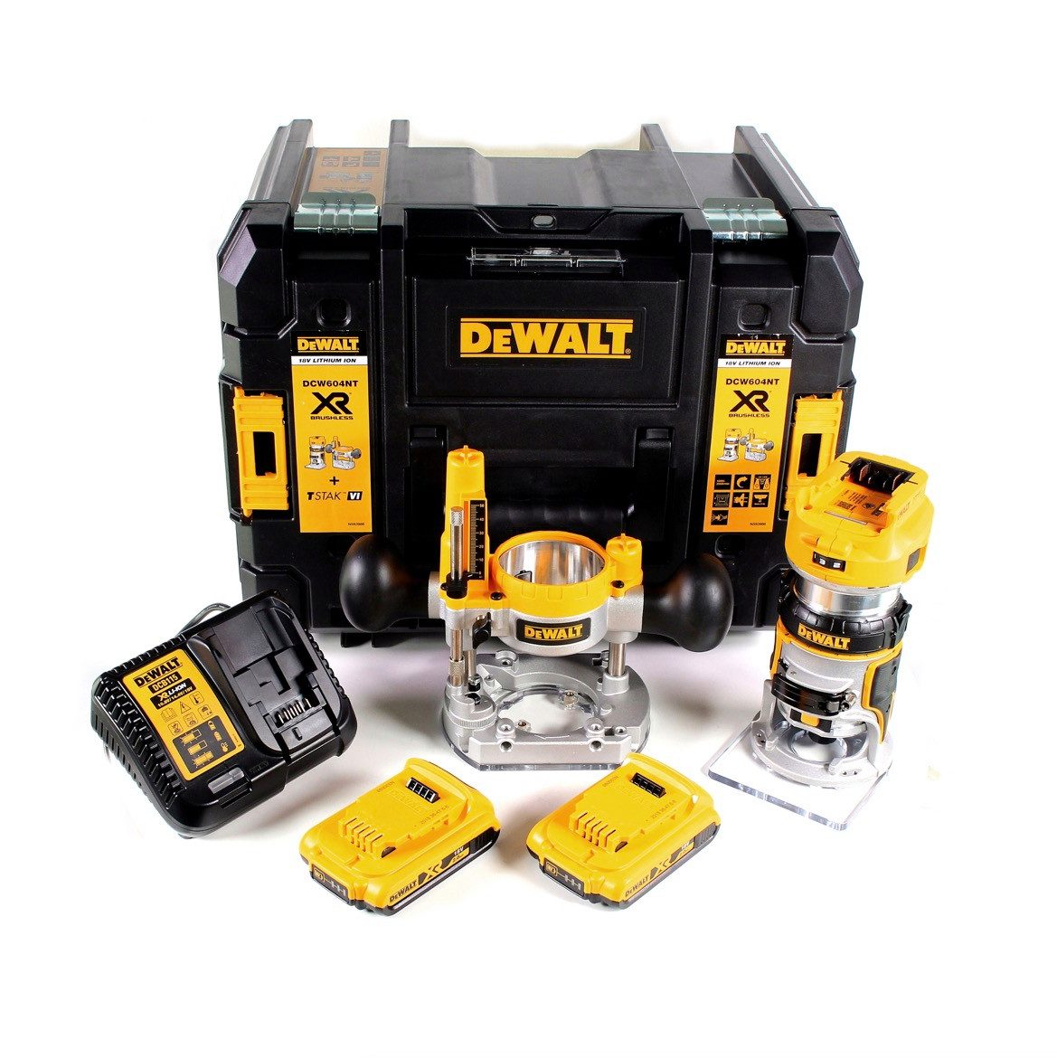 DeWalt Oberfräse DCW 604 D2 Akku Kombifräse 18V 55mm in + 2x Akkus 2,0 Ah + 1x