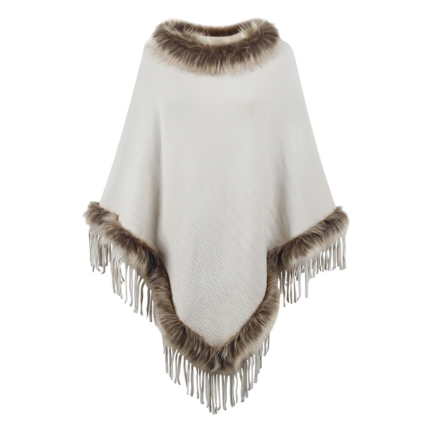 Refttenw Poncho Poncho mit Fransen,Warmer Winterponcho,Kunstfellkragen Wickelschal