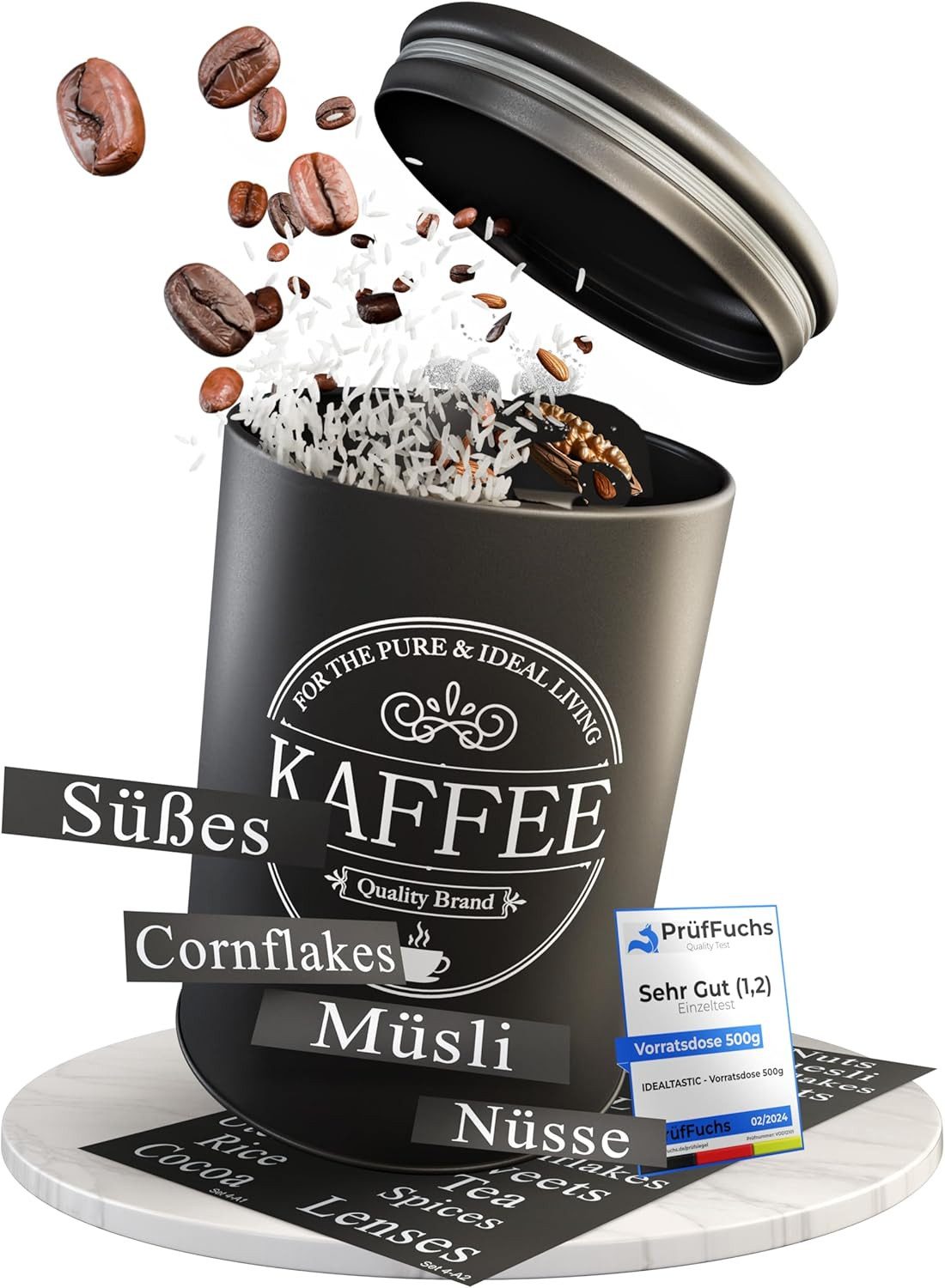 IDEALTASTIC Kaffeedose luftdicht 500g für anhaltendes Kaffeearoma, Stahl, (Vorratsdose 500g, Lebensmittelecht, BPA-frei, Wiederverwendbar), Robuste Kaffeedose für gemahlenen Kaffee & Bohnen