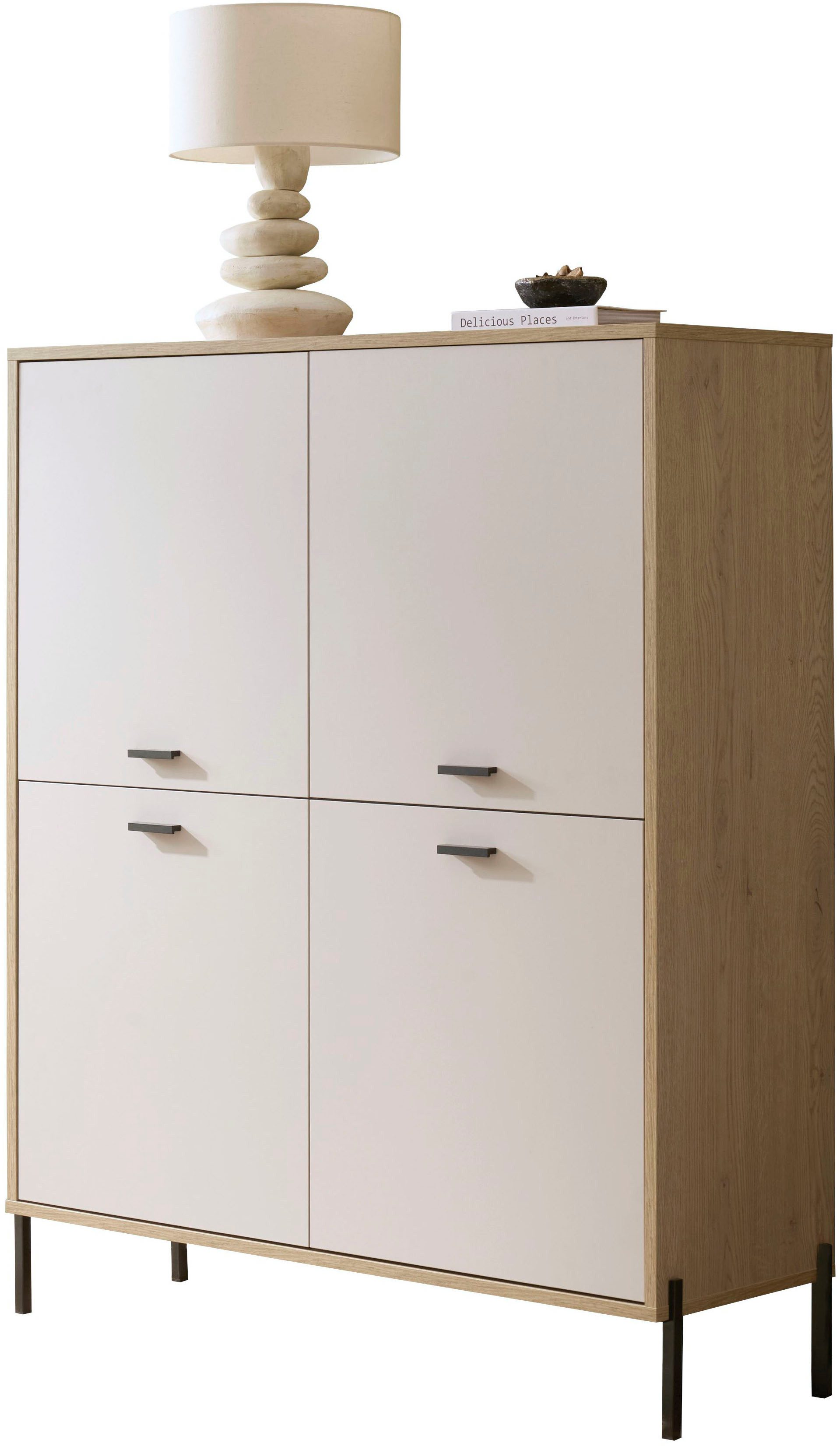 Home affaire Highboard Fredericia, Hochkommode, modernder Stauraum in Kaschmir, zeitlos, schwarze Metallgriffe und -füße, ausreichend Stauraum