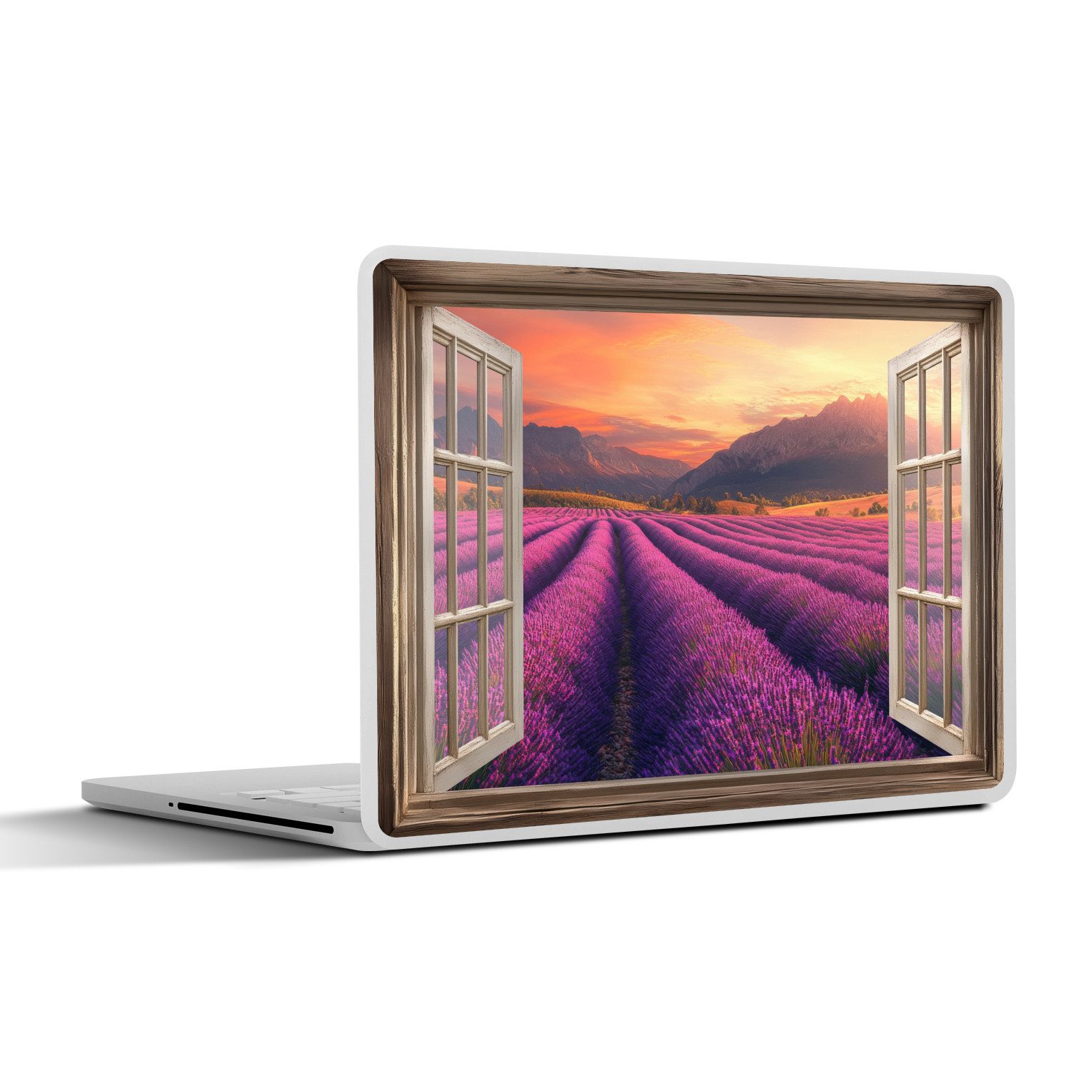 MuchoWow Laptop-Aufkleber Durchsichtig - Lavendel - Landschaft - Blumen - Lila, (1tlg), Laptop Folien Cover, Aufkleber, Sticker, Schutz vor Kratzern, 25x18 cm
