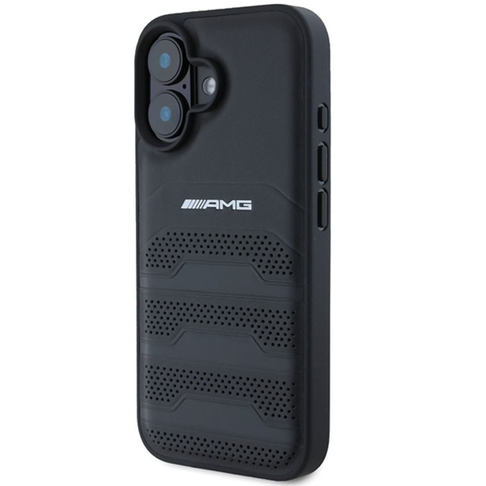Mercedes Benz AMG Handyhülle iPhone 16 Echtleder gelocht schwarz Logo 6,1 Zoll, Kantenschutz