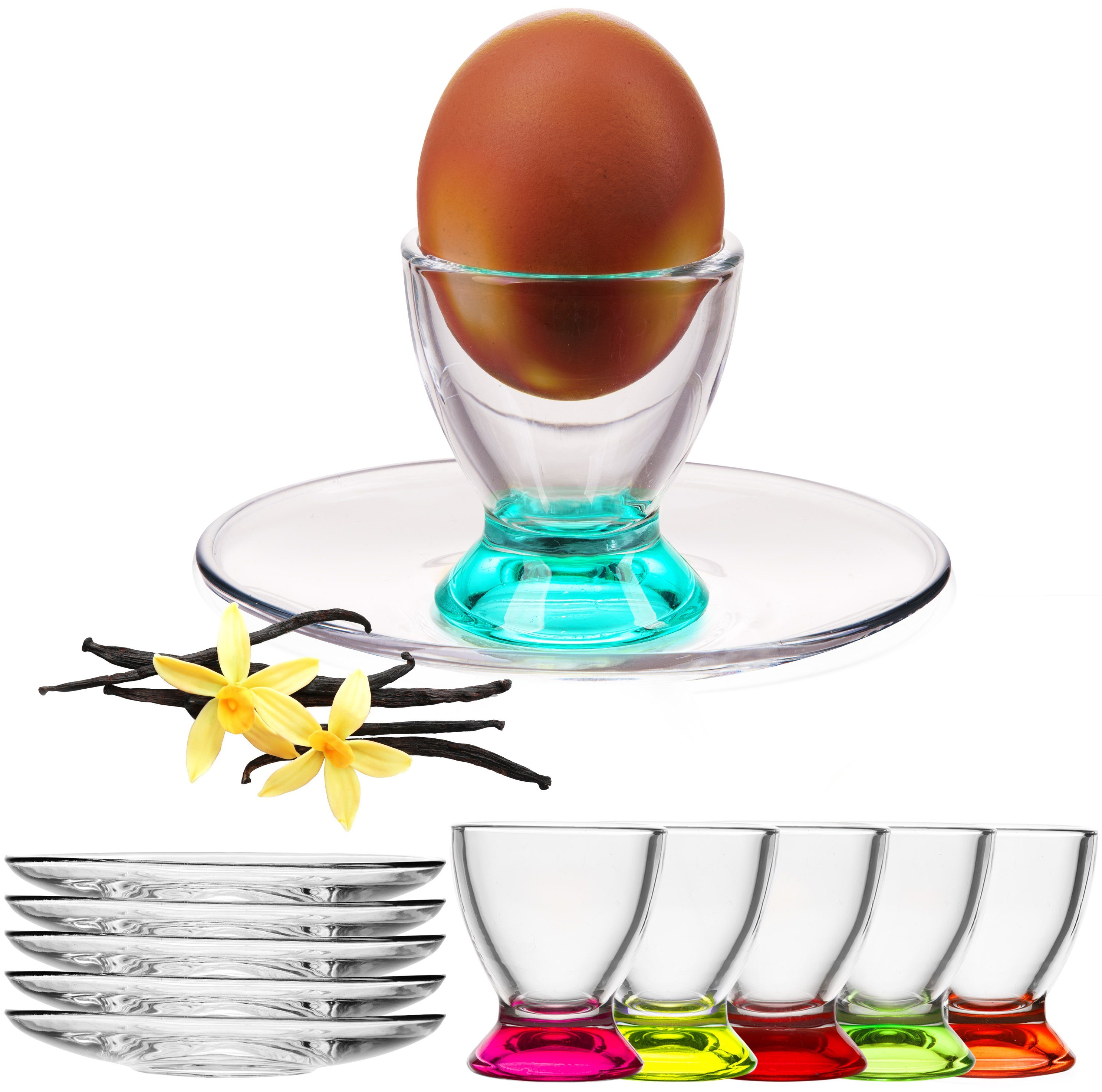 PLATINUX Eierbecher Bunte Eierbecher mit Untersetzer, (6 Stück), Set Eierständer Frühstück Egg-Cup Eierhalter Brunch