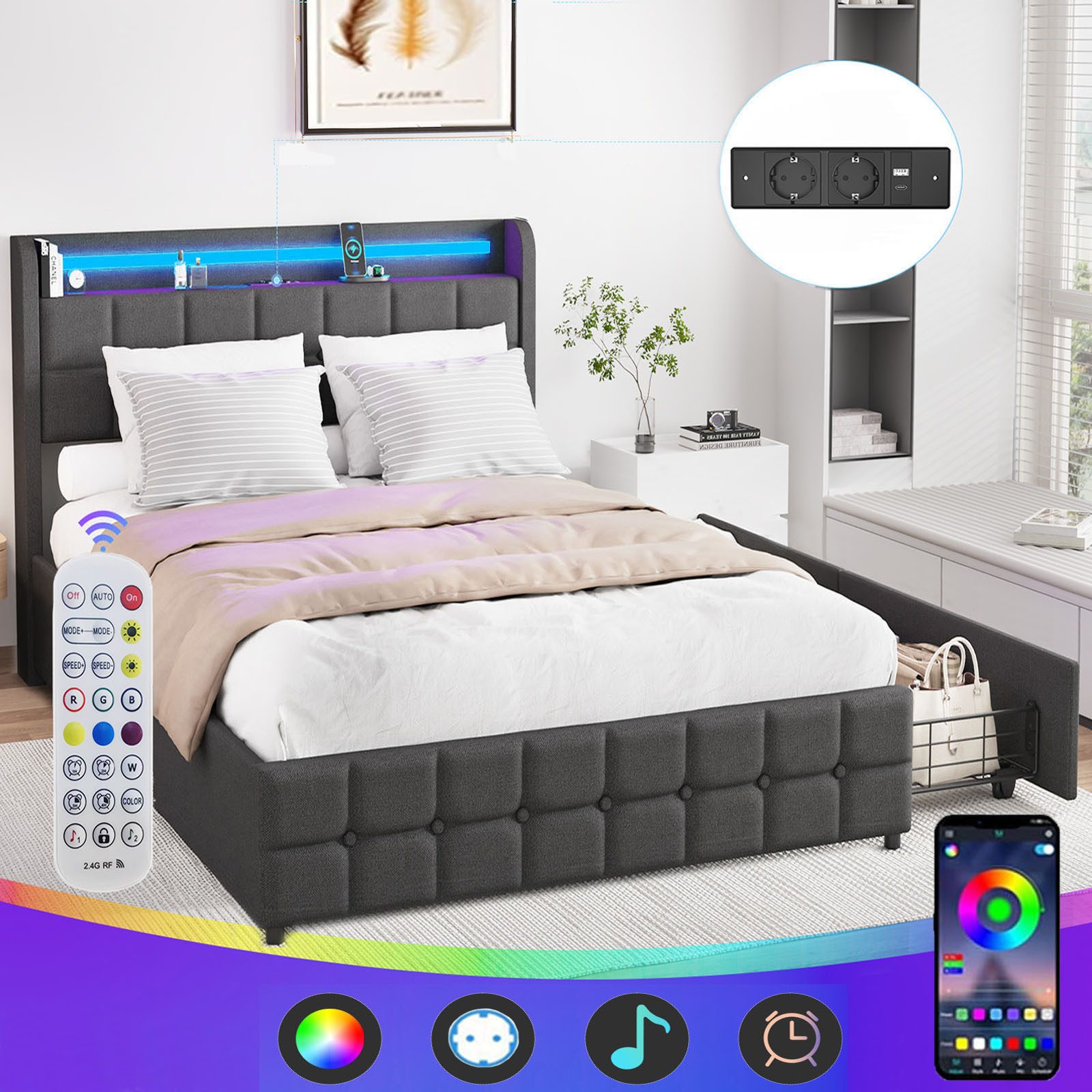 oyajia Polsterbett LED Doppelbett 140x200cm mit Ladefunktion und 2 Schublad günstig online kaufen