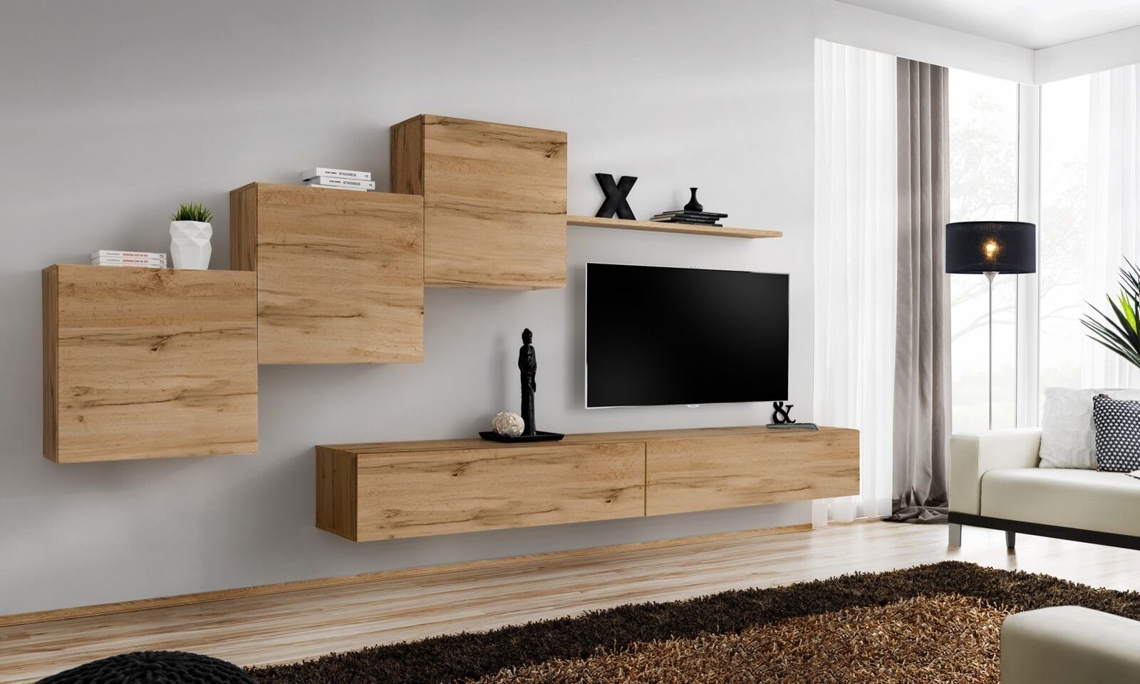 JVmoebel Wohnzimmer-Set Designer Wohnwand Braun TV Ständer Moderne Sideboard Wandregal, (7-St., 1x Wohnwand + 2x TV Ständer + 3x Wandschrank + 1x Wandregal), Made in Europa