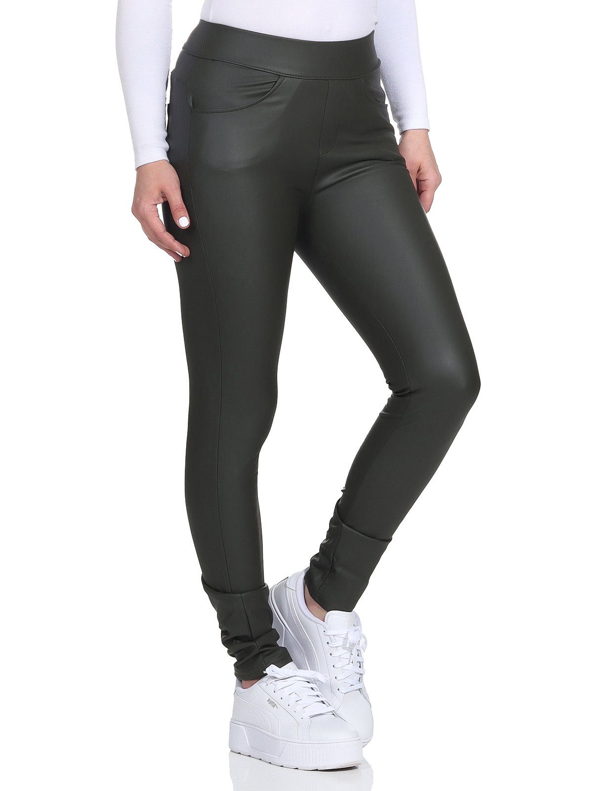 Aurela Damenmode Lederhose Kunstlederleggings für Damen leicht gefütterte Lederleggings mit Eingriff- und Gesäßtaschen, mit Thermofleece ausgestattet Olive