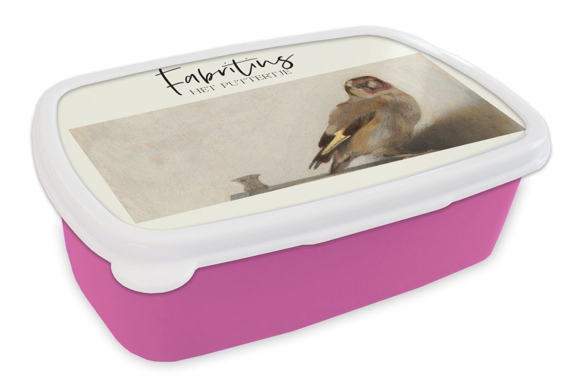 MuchoWow Lunchbox Der Stieglitz - Carel Fabritius - Gemälde, Kunststoff, (2-tlg), Brotbox für Erwachsene, Brotdose Kinder, Snackbox, Mädchen, Kunststoff rosa