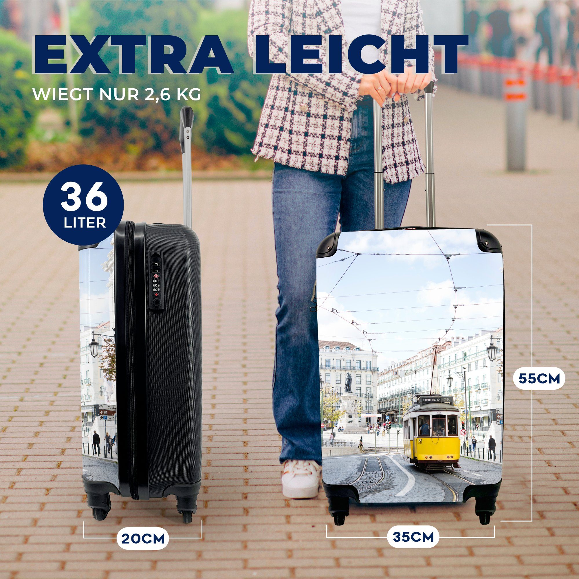 MuchoWow Handgepäckkoffer Eine durch Reisetasche Rollen, Trolley, mit Seilbahn rollen, gelbe Handgepäck fährt 4 Ferien, mit Lissabon, für Straßenbahn Reisekoffer einer