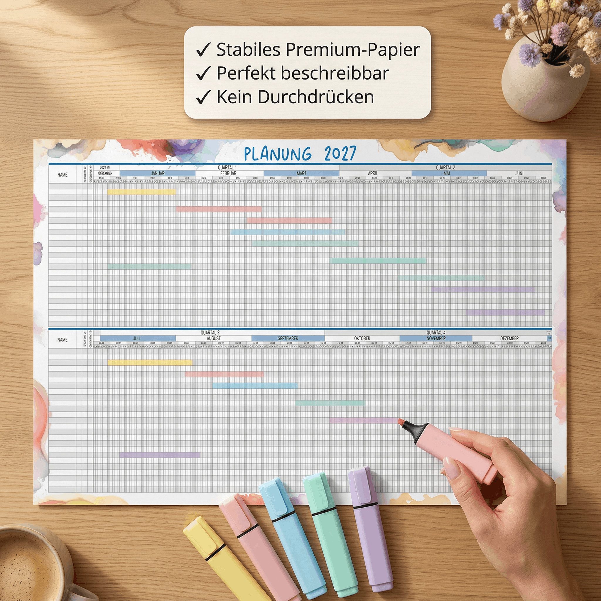 TOBJA Wandkalender Urlaubsplaner 2027 A2 Wandplaner 25 Mitarbeiter Aquarell, Urlaubskalender Mitarbeiterplaner Dienstplan Projektplaner – Bild 5 von 5