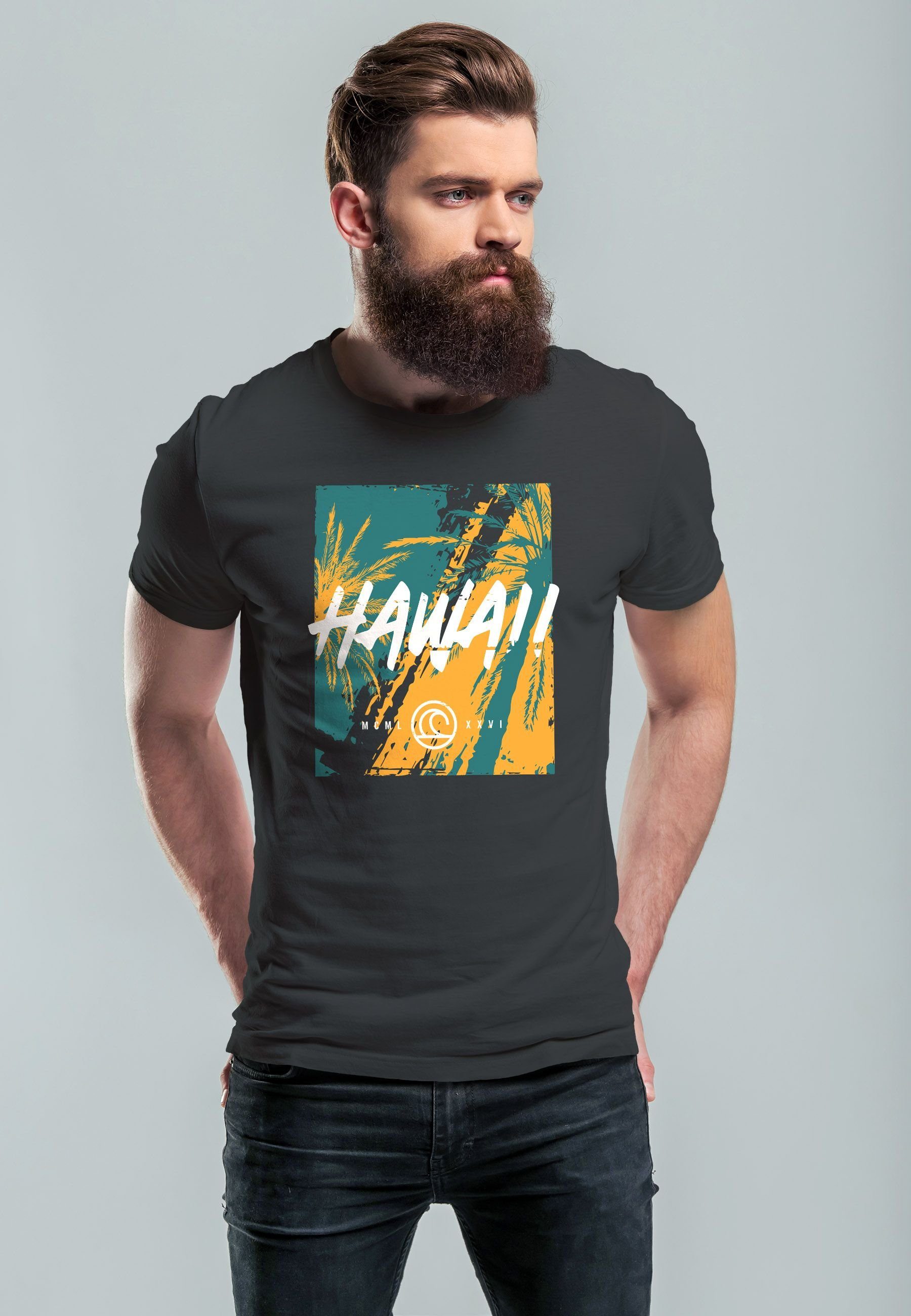 Neverless Aufdruck Sommer Fashion Surfing Herren Str T-Shirt Print-Shirt mit Print Hawaii anthrazit Print Palmen