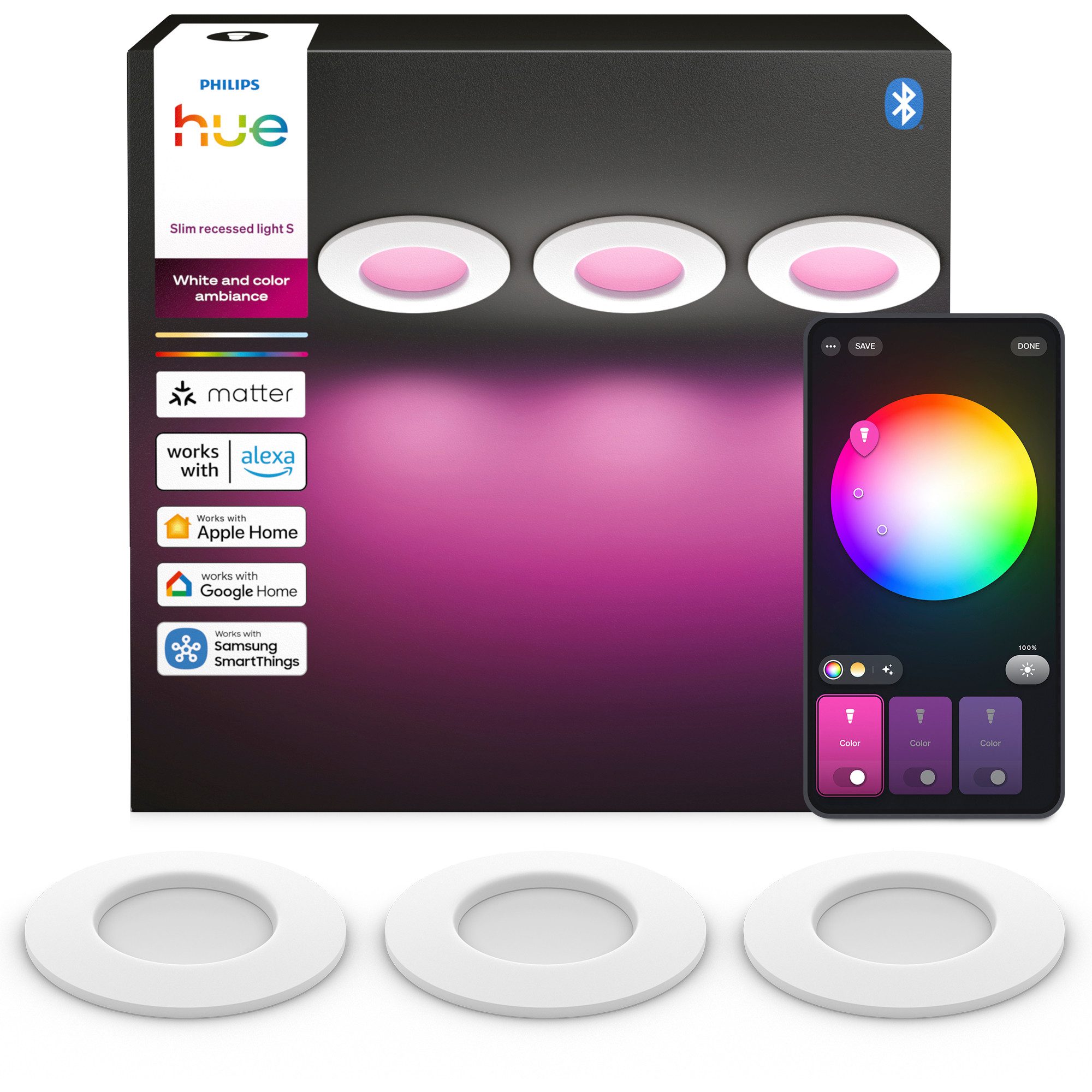 Philips Hue LED Deckenspot Slim Downlight Einbauleuchte, Abschaltautomatik, Bluetooth, CCT - über Fernbedienung, Dimmer, Dimmfunktion, Farbsteuerung, Farbwechsel, Leuchtdauer einstellbar, Memoryfunktion, Nachtlichtfunktion, RGB, Smart Home, Timerfunktion, Weckerfunktion, dimmbar über Fernbedienung, erweiterbar, getrennt schaltbar, mehrere Helligkeitsstufen, LED fest integriert, RGB, 1000–20000K, auf 0,2% dimmbar, App‑ & Sprachsteuerung