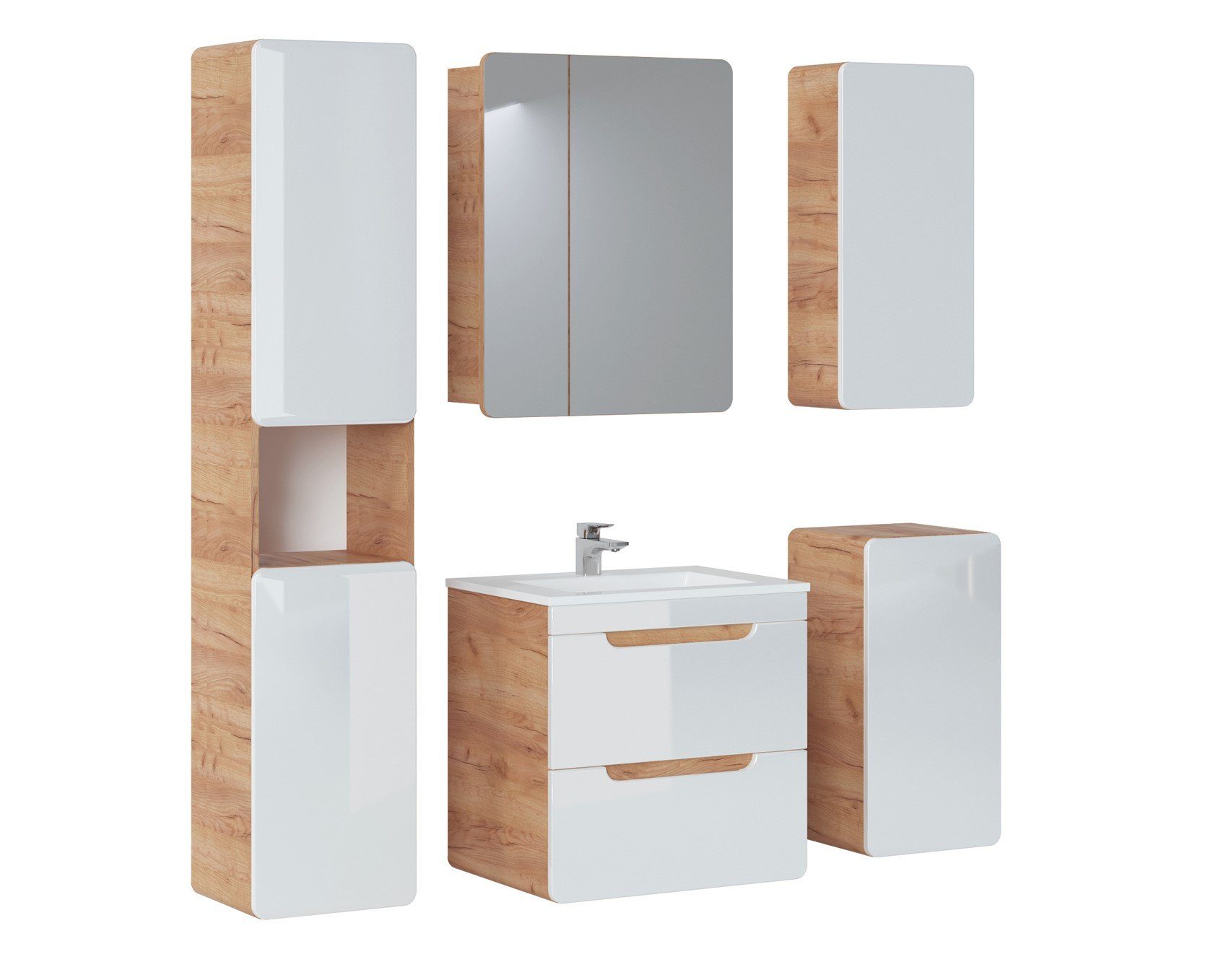 Fun Möbel Badmöbel-Set Badmöbel Set 5-tlg Badezimmerset FERMO Weiss HGL inkl. Waschtisch 60cm, (Set, 5-St., Waschbeckenschrank inkl. Keramikbecken, Spiegelschrank, Hängeschränke), Schubladen und Türen mit Soft-Close-System